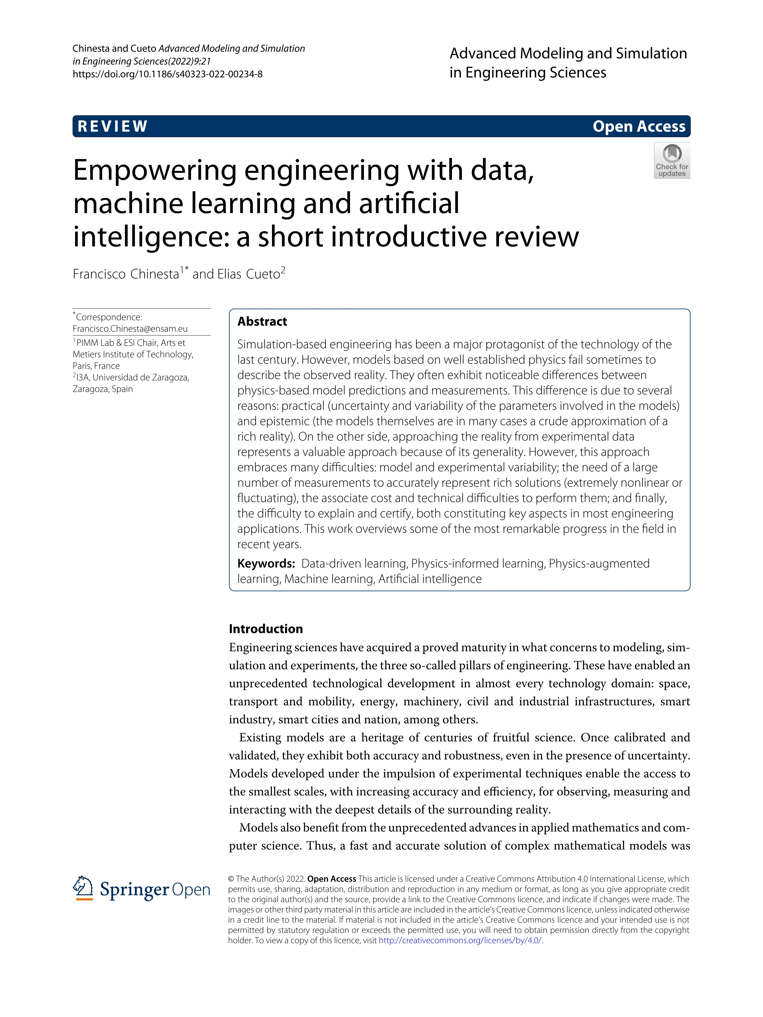 Empowering engineering with data, machine learning and artificial intelligence: a short introductive review