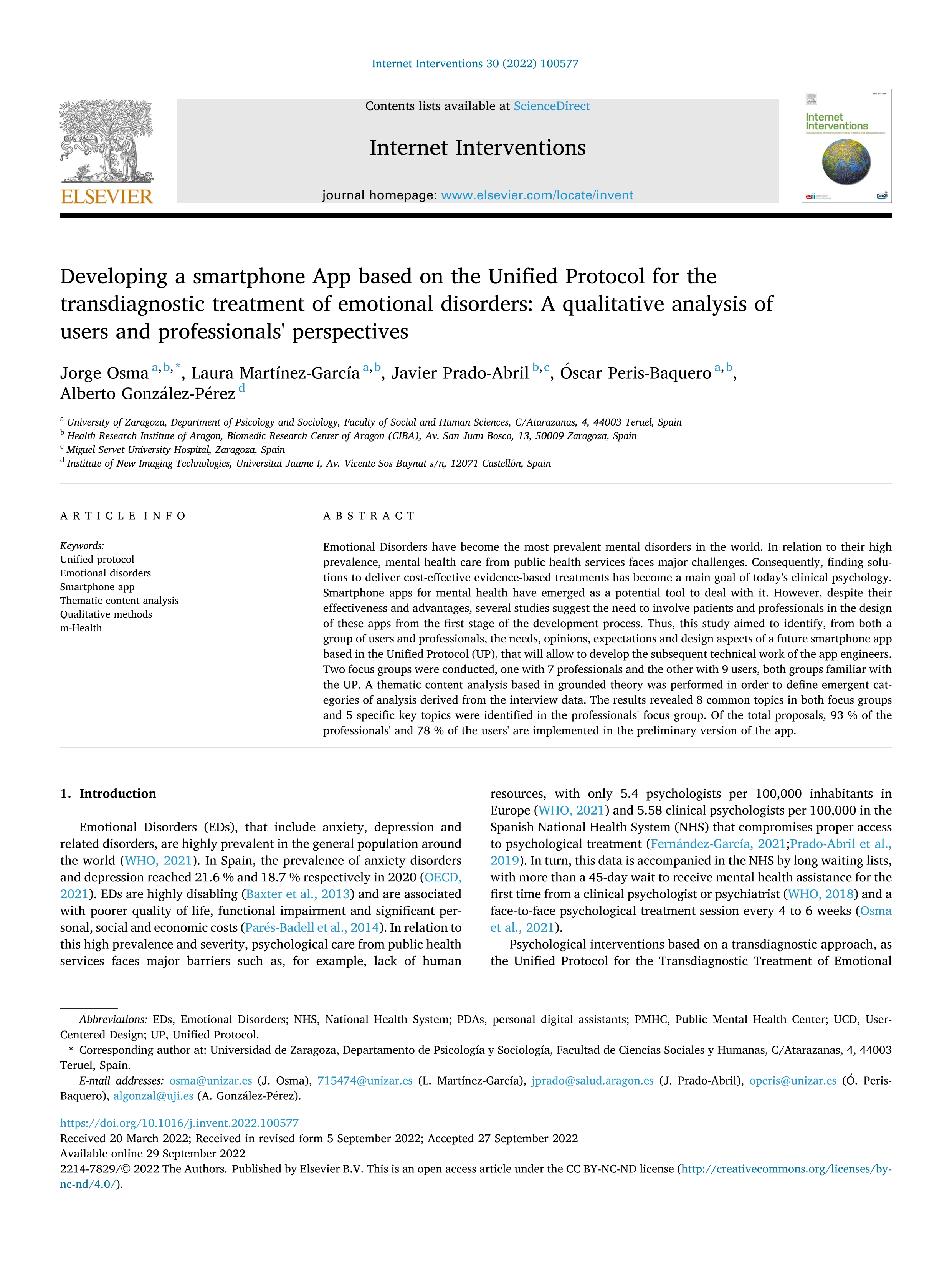 Developing a smartphone app based on the unified protocol for the transdiagnostic treatment of emotional disorders: a qualitative analysis of users and professionals' perspectives