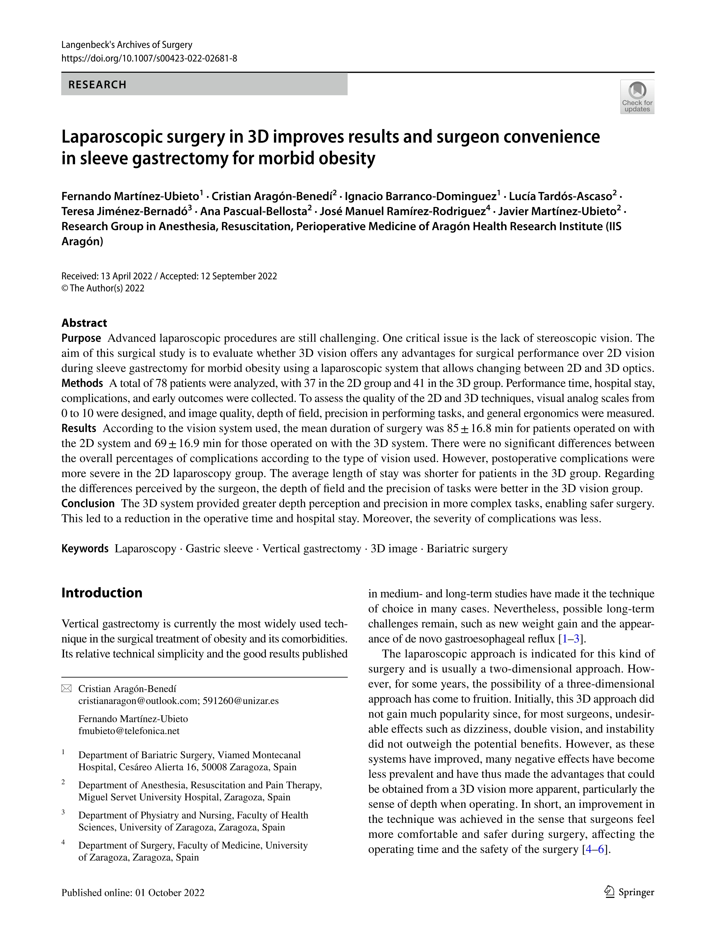 Laparoscopic surgery in 3D improves results and surgeon convenience in sleeve gastrectomy for morbid obesity