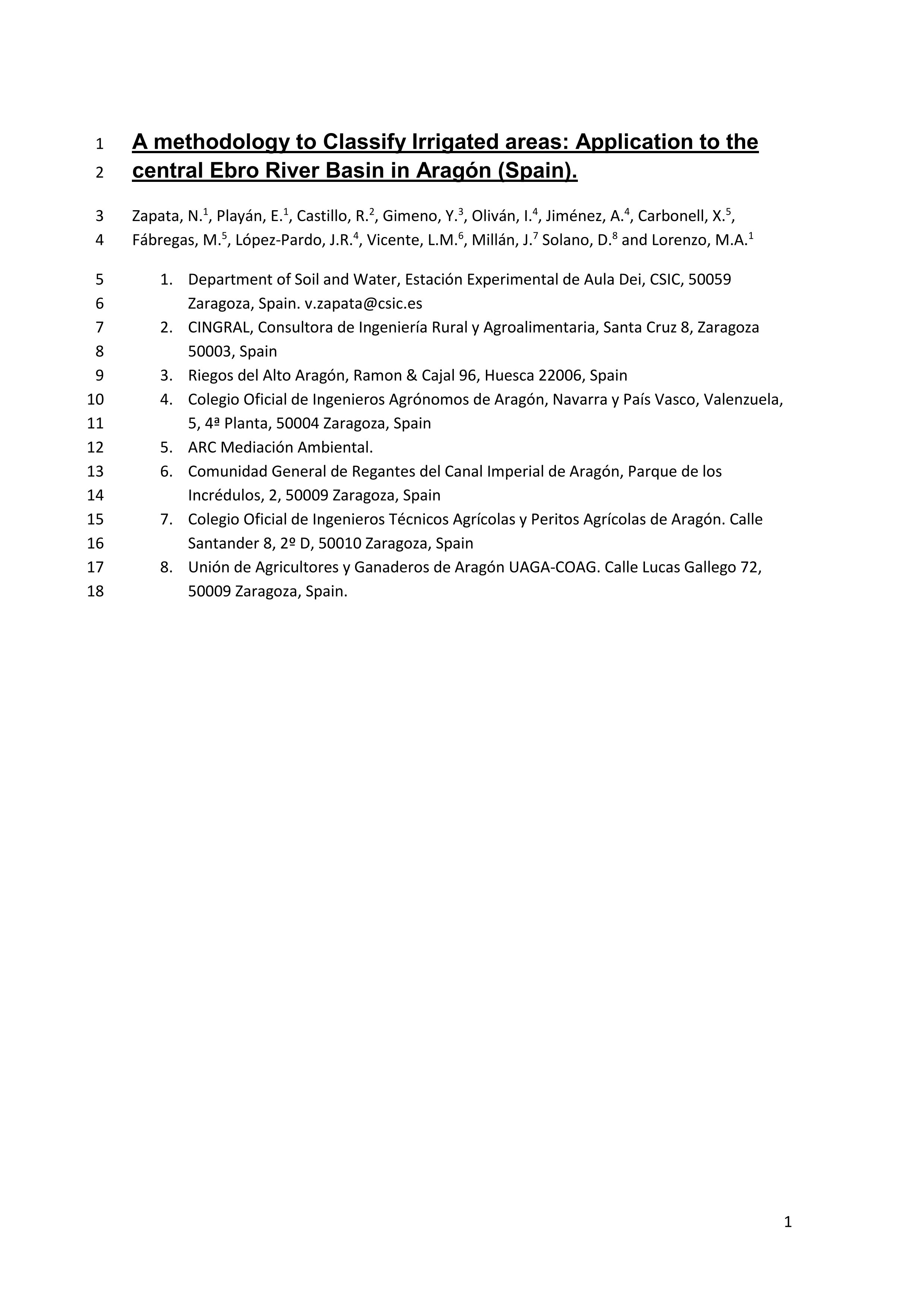 A methodology to classify irrigated areas: Application to the central Ebro River Basin in Aragón (Spain)