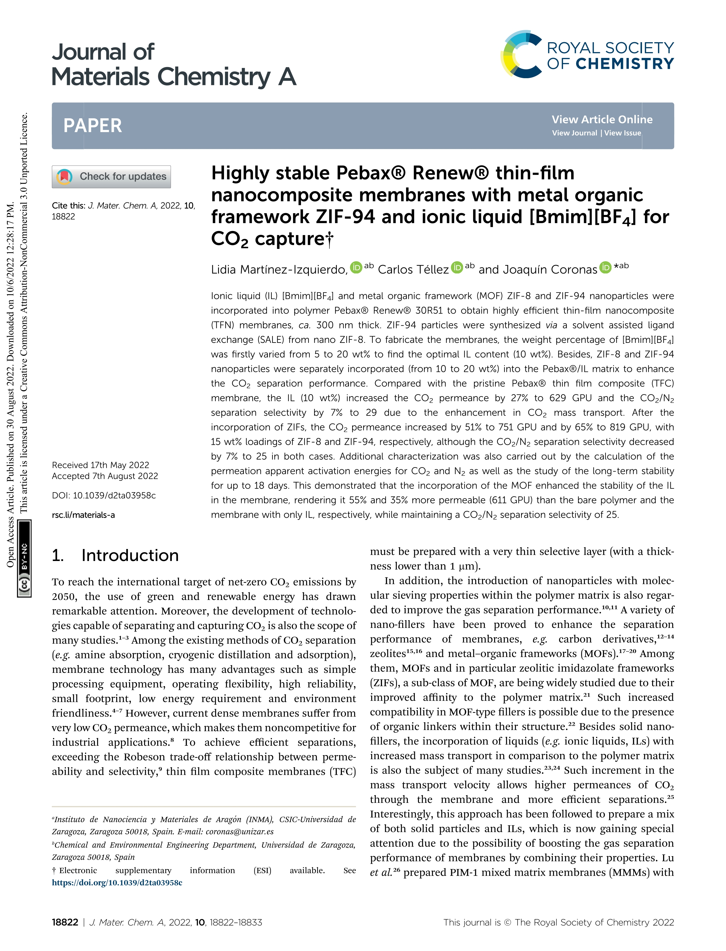 Highly stable Pebax® Renew® thin-film nanocomposite membranes with metal organic framework ZIF-94 and ionic liquid [Bmim][BF4] for CO2 capture