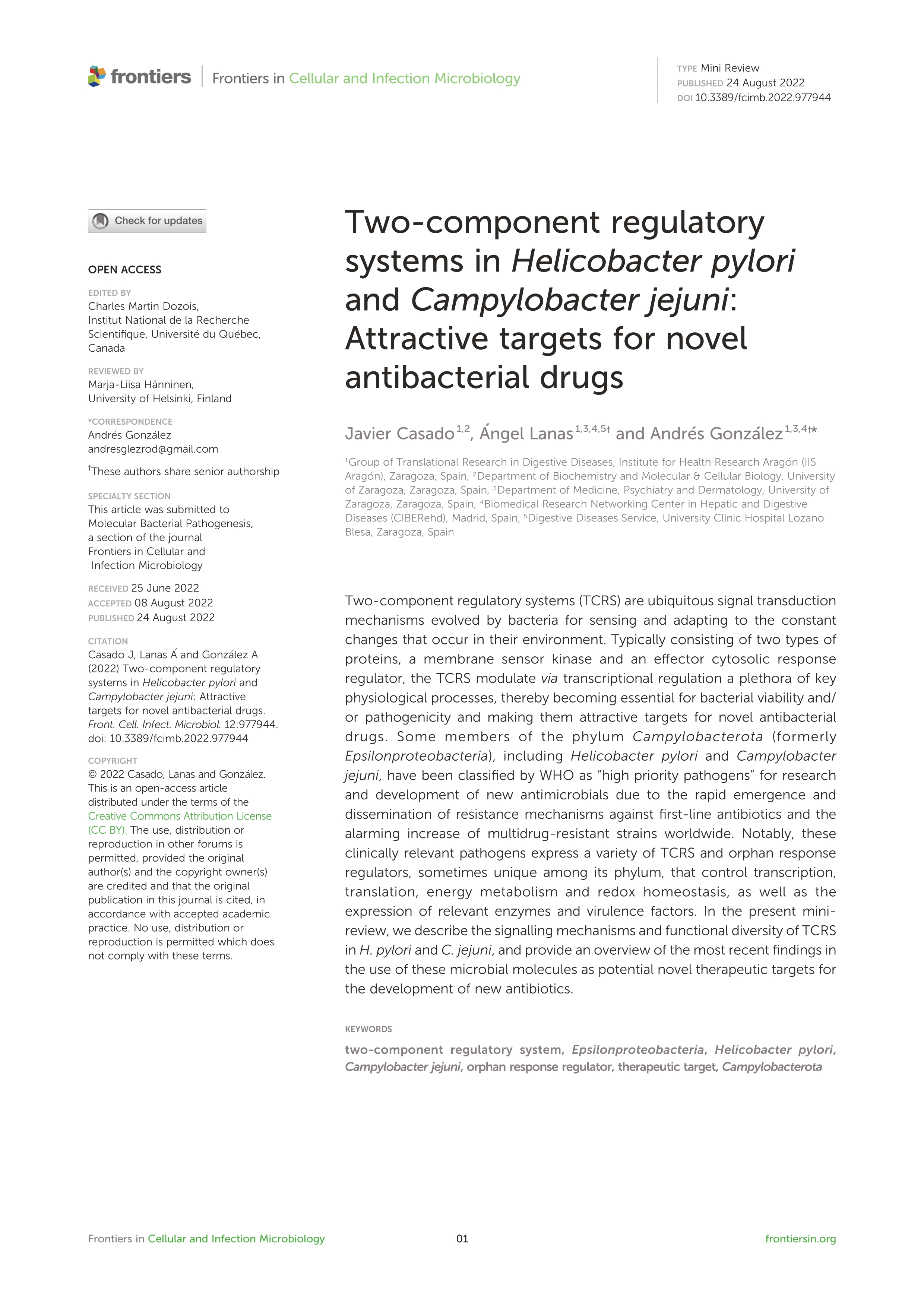 Two-component regulatory systems in Helicobacter pylori and Campylobacter jejuni: attractive targets for novel antibacterial drugs