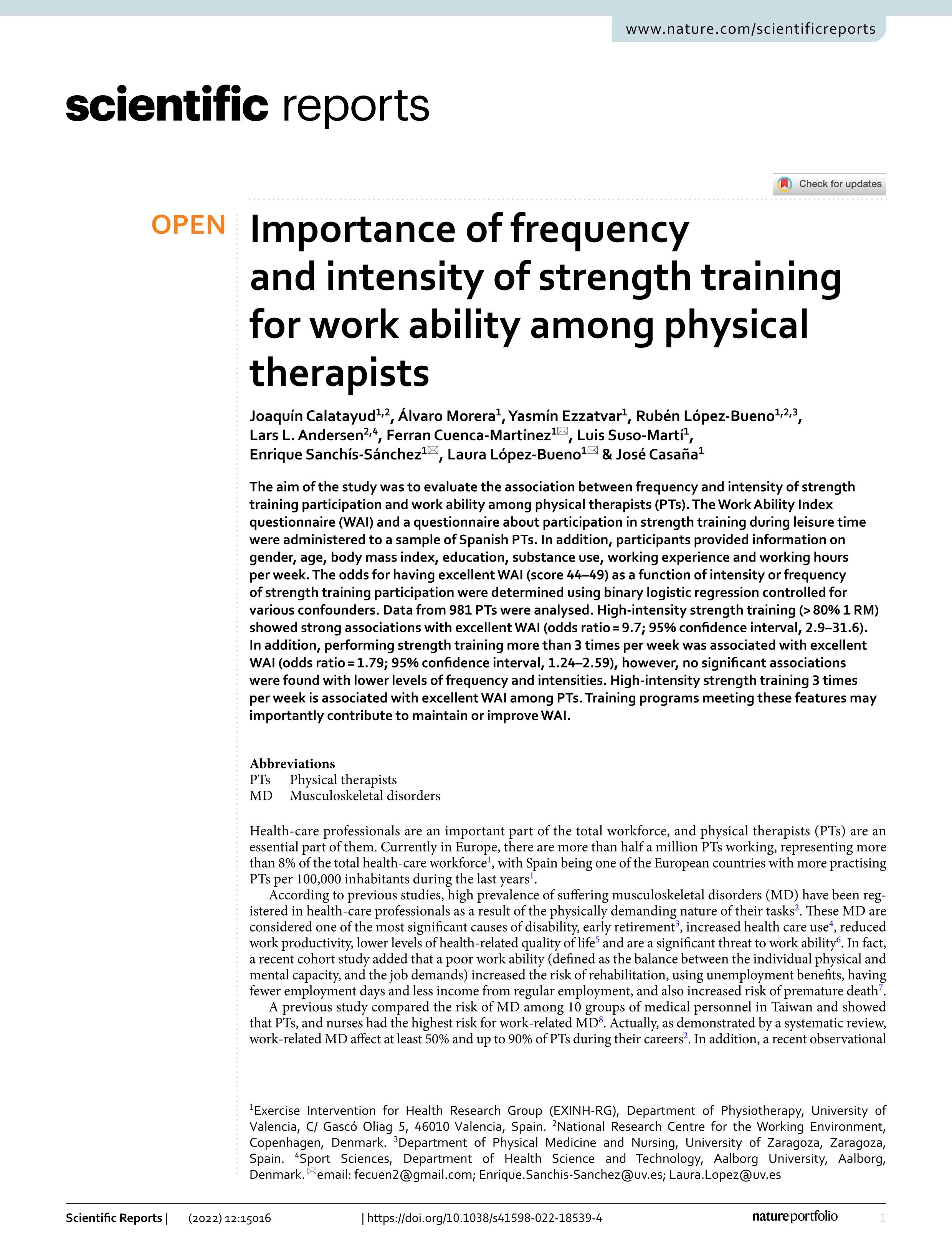 Importance of frequency and intensity of strength training for work ability among physical therapists