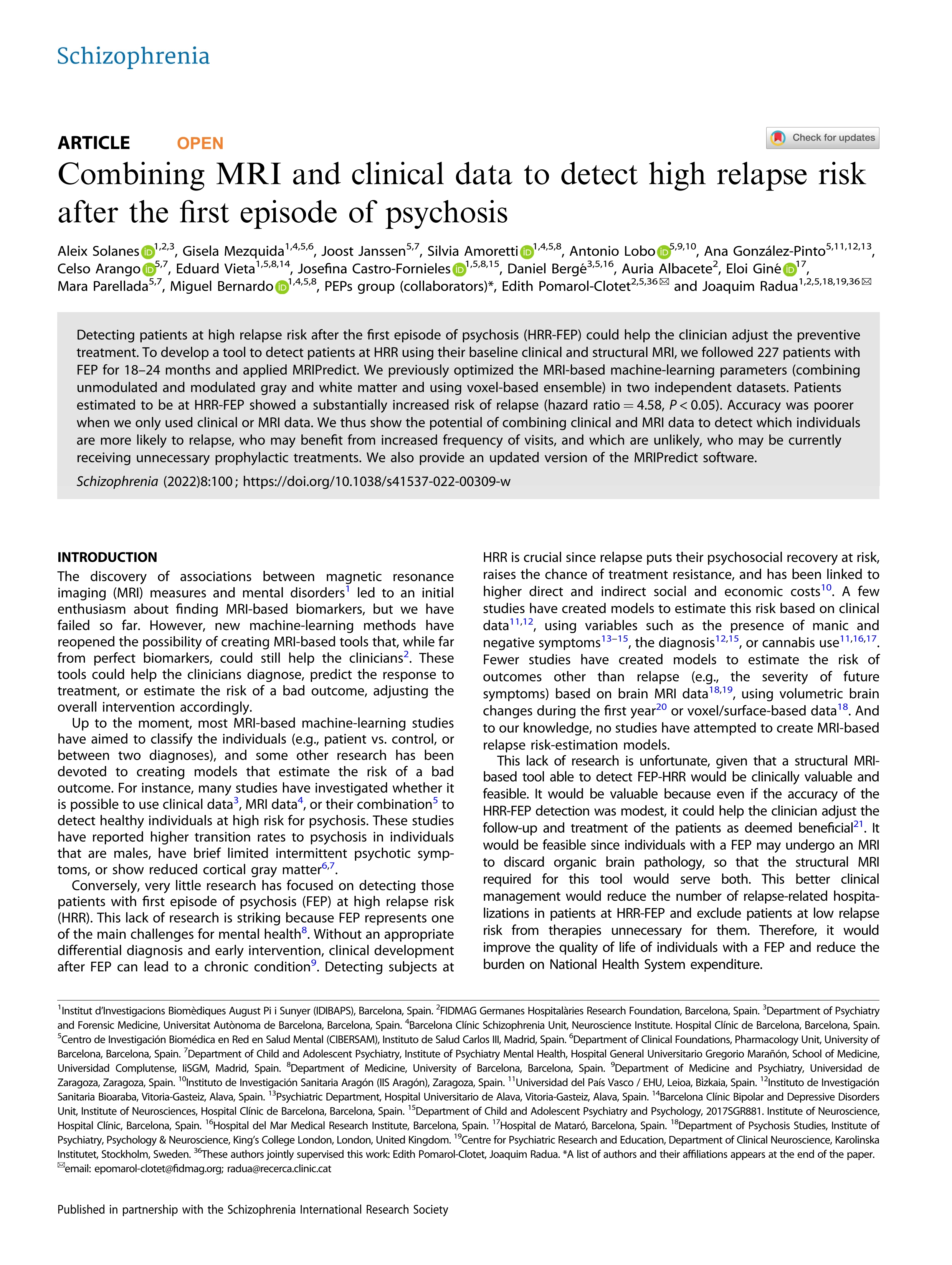 Combining MRI and clinical data to detect high relapse risk after the first episode of psychosis