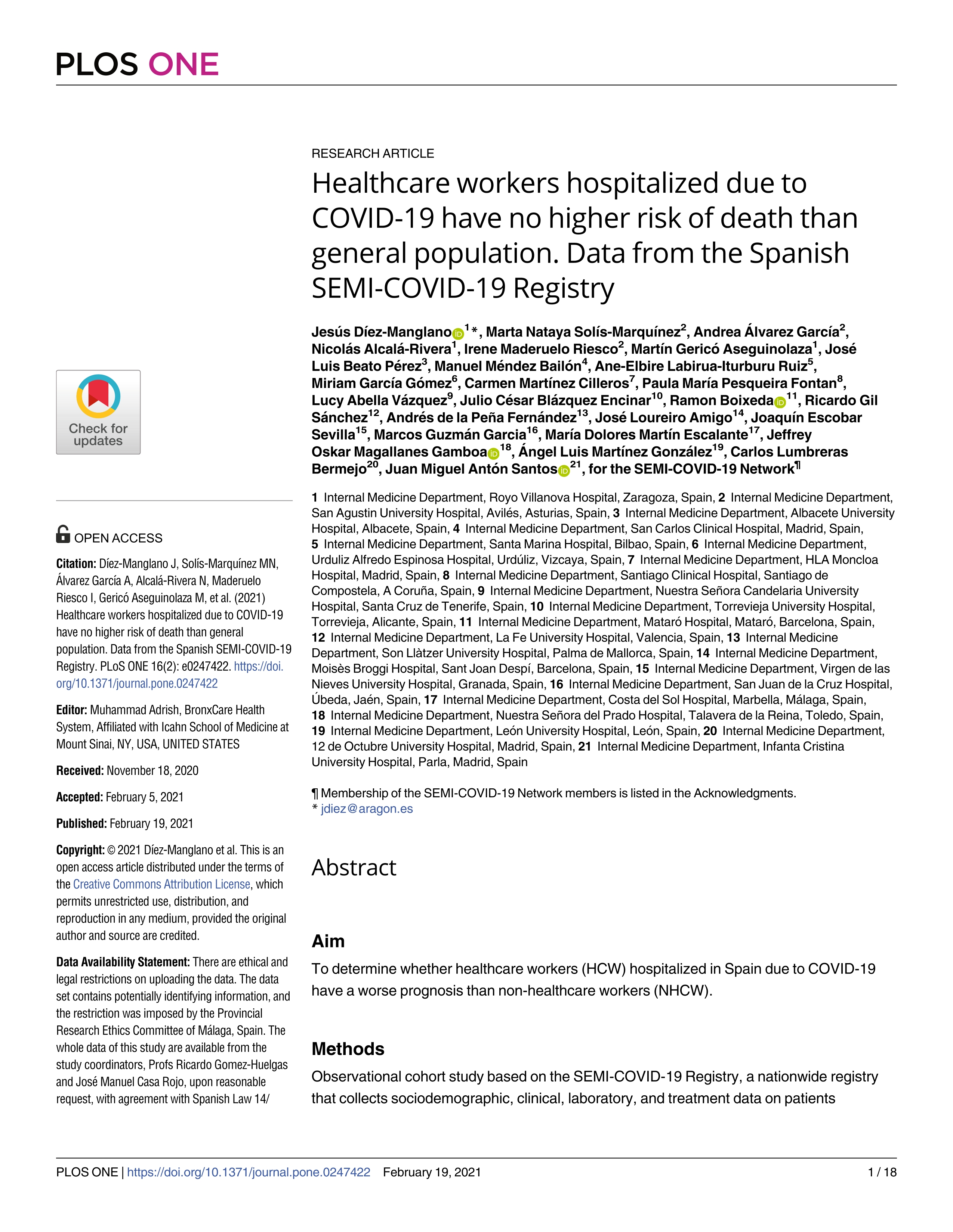 Healthcare workers hospitalized due to COVID-19 have no higher risk of death than general population. Data from the Spanish SEMI-COVID-19 Registry