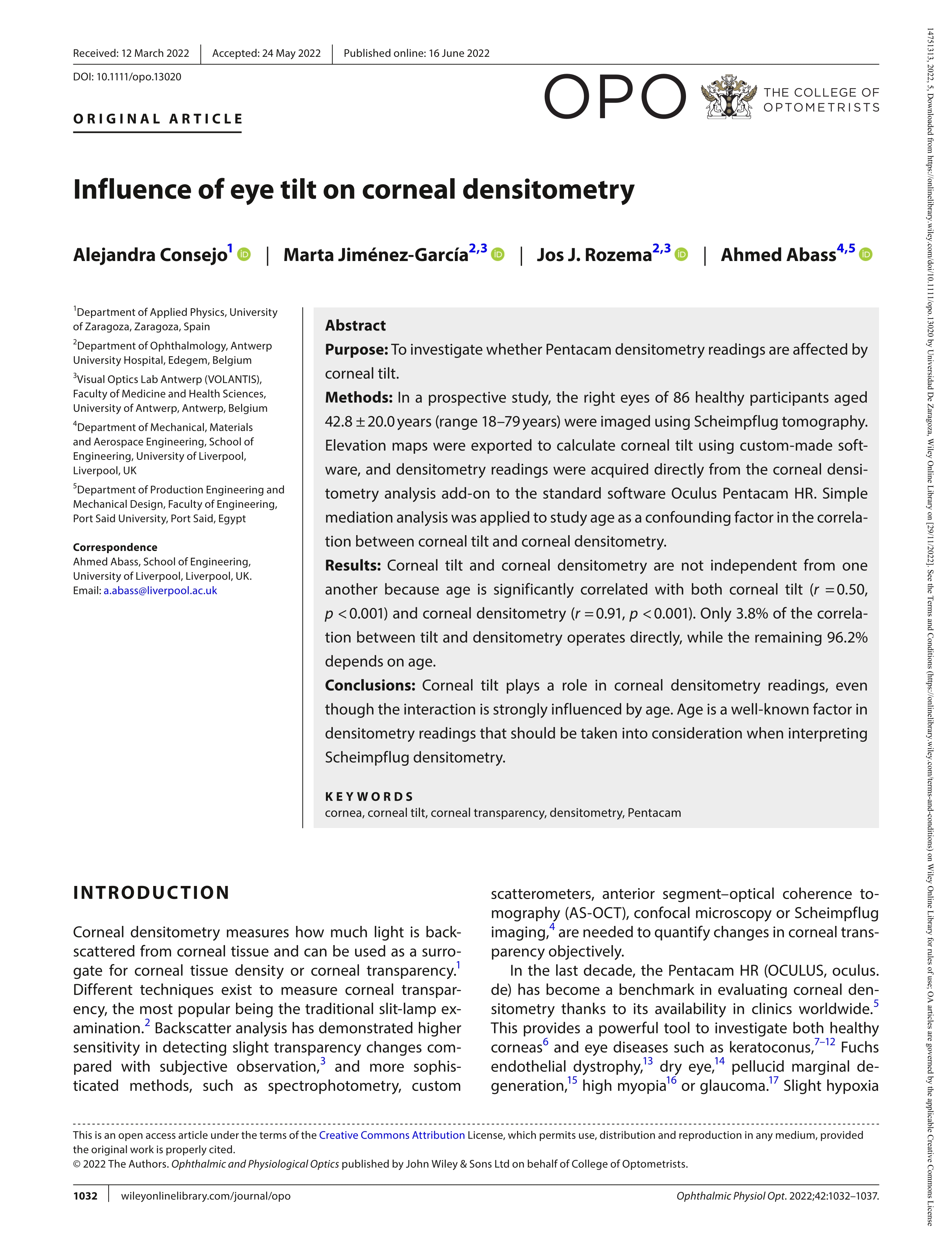 Influence of eye tilt on corneal densitometry
