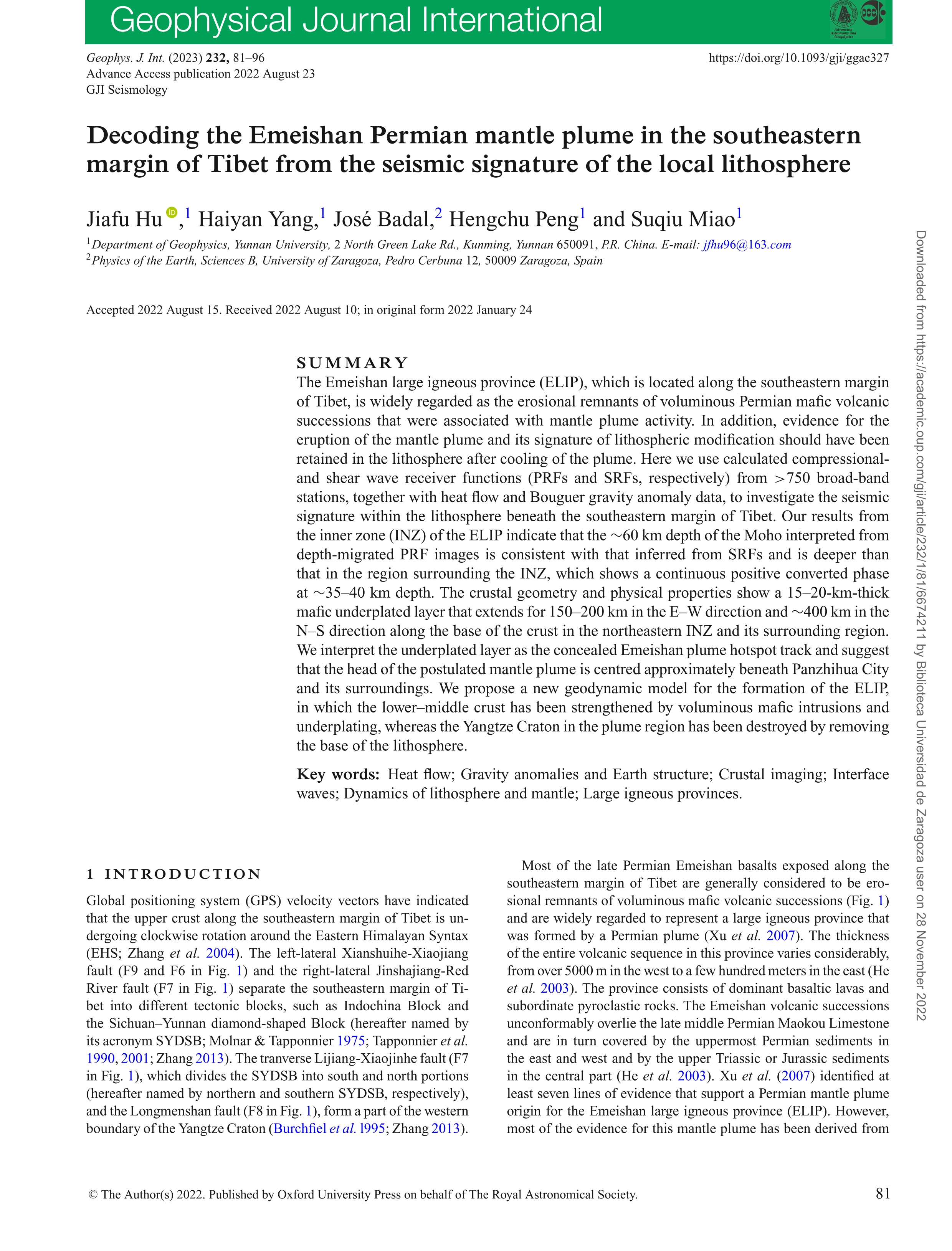 Decoding the Emeishan Permian mantle plume in the southeastern margin of Tibet from the seismic signature of the local lithosphere