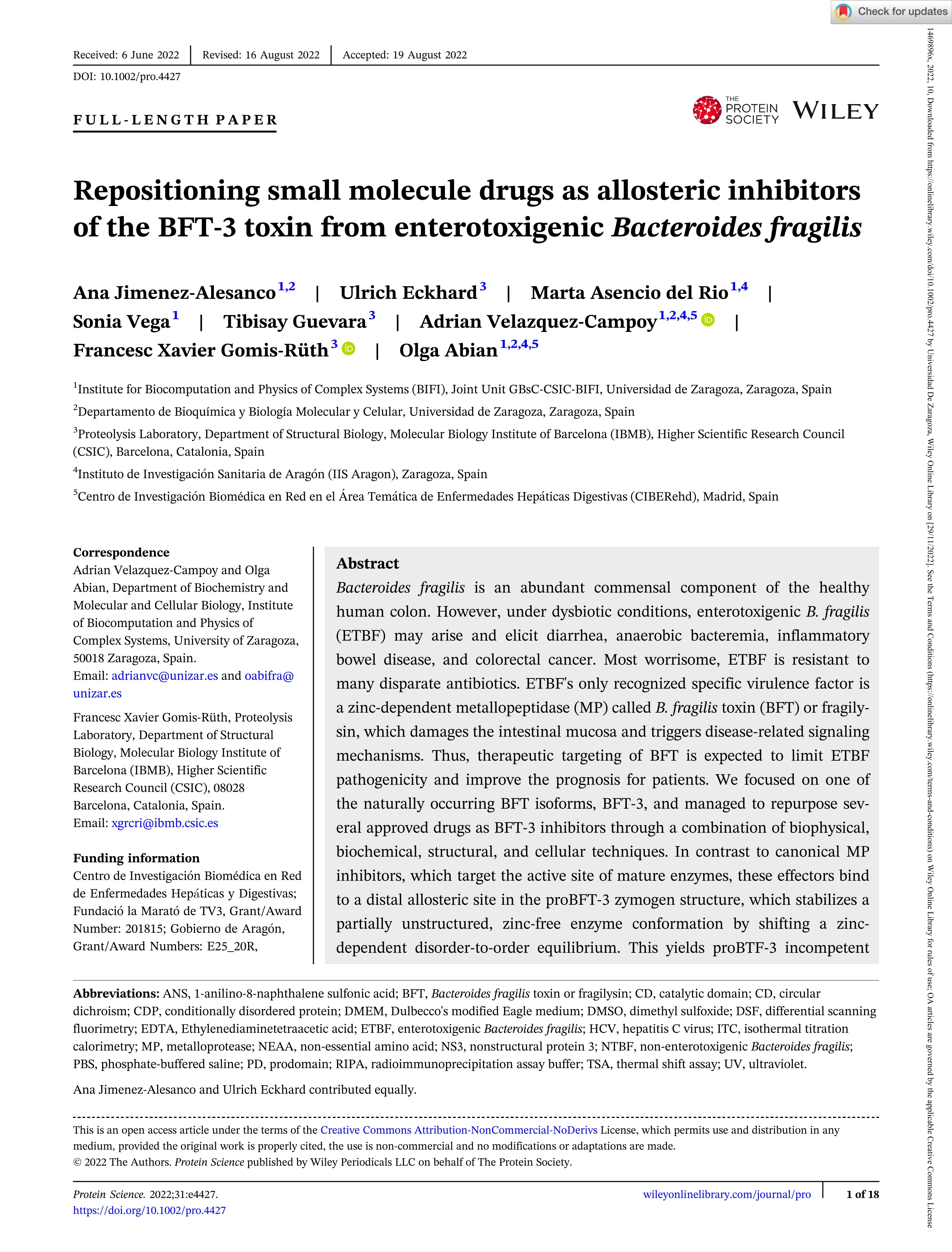 Repositioning small molecule drugs as allosteric inhibitors of the BFT-3 toxin from enterotoxigenic Bacteroides fragilis