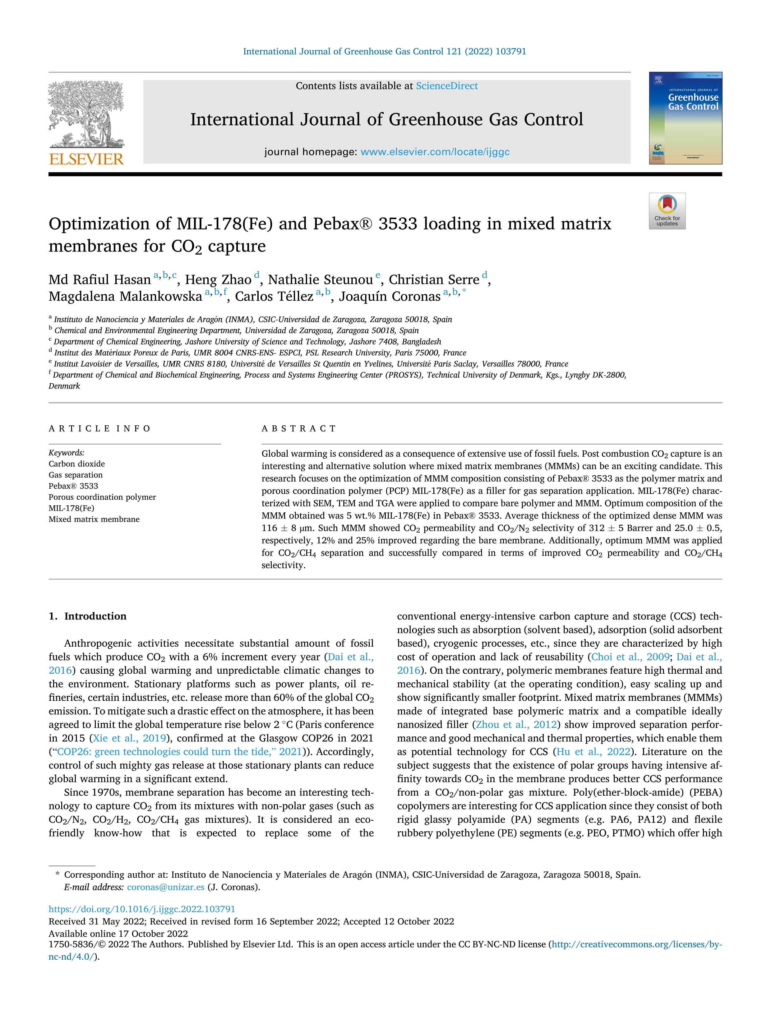 Optimization of MIL-178(Fe) and Pebax® 3533 loading in mixed matrix membranes for CO2 capture