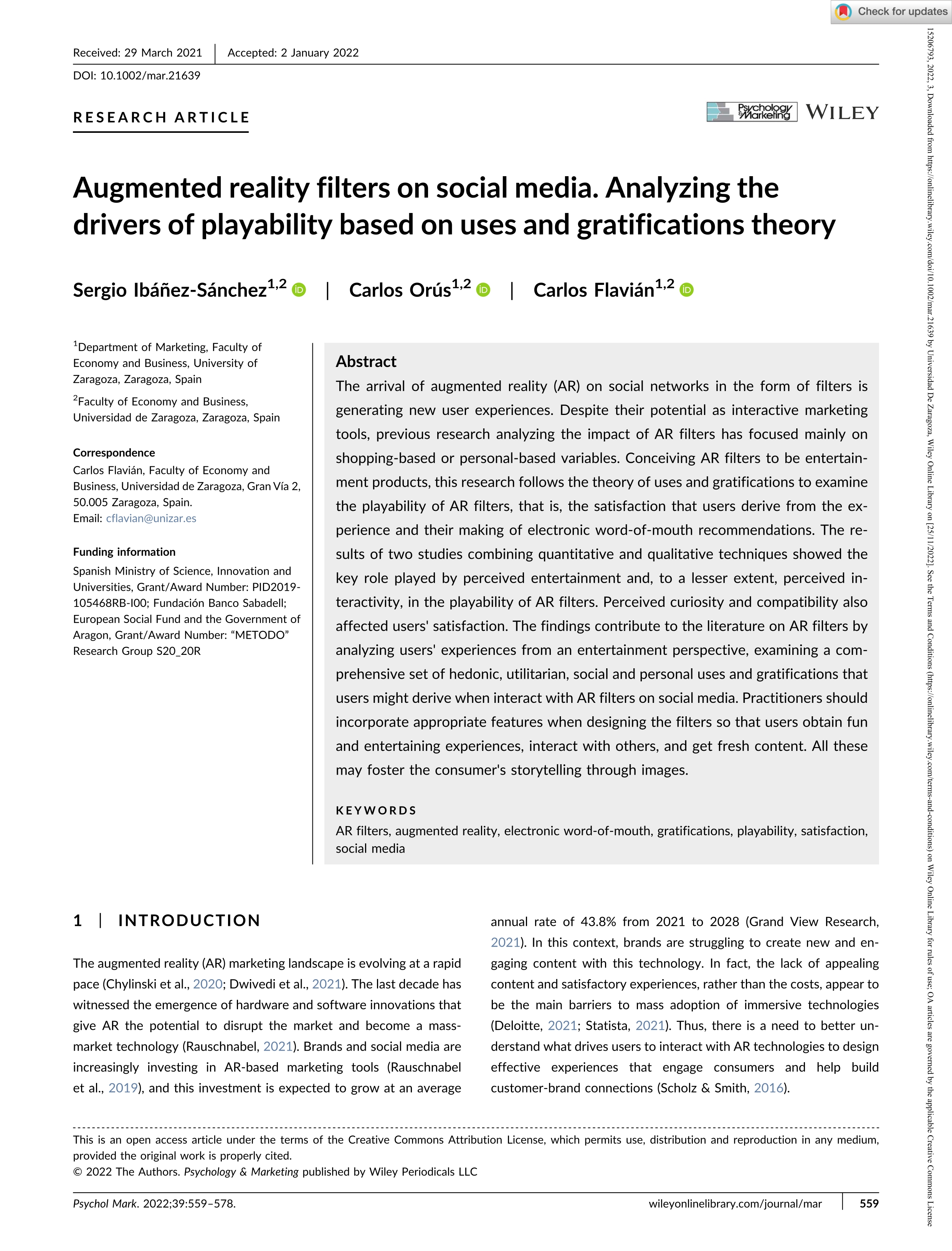Augmented reality filters on social media. Analyzing the drivers of playability based on uses and gratifications theory