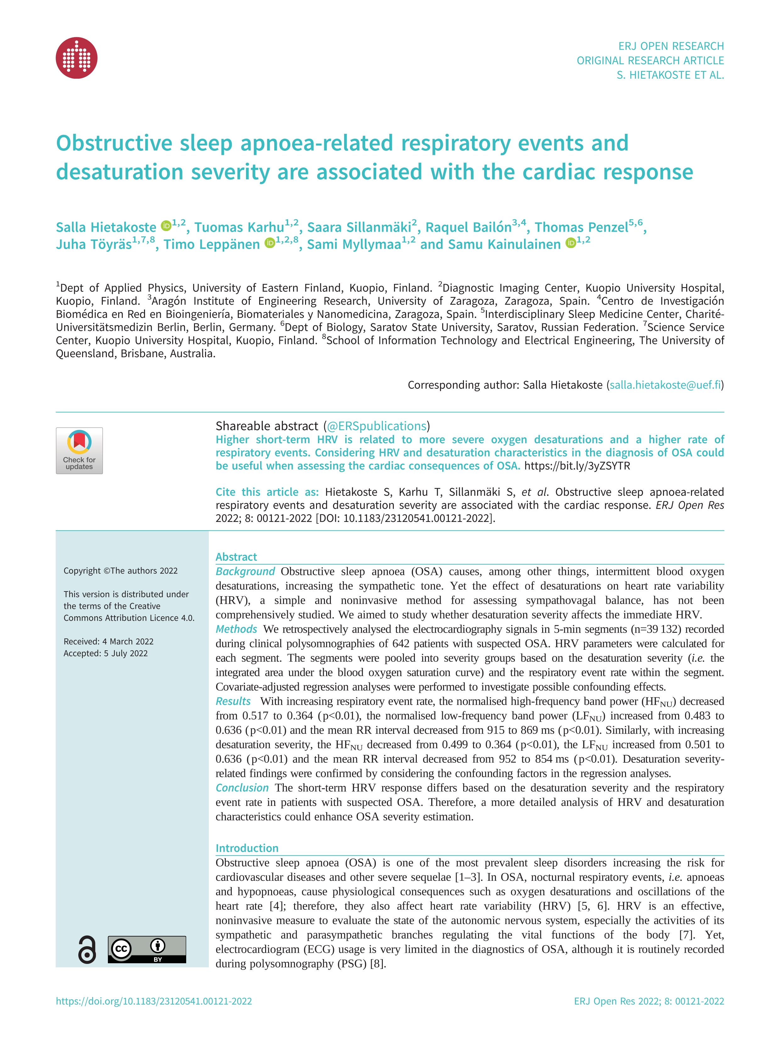 Obstructive sleep apnoea-related respiratory events and desaturation severity are associated with the cardiac response