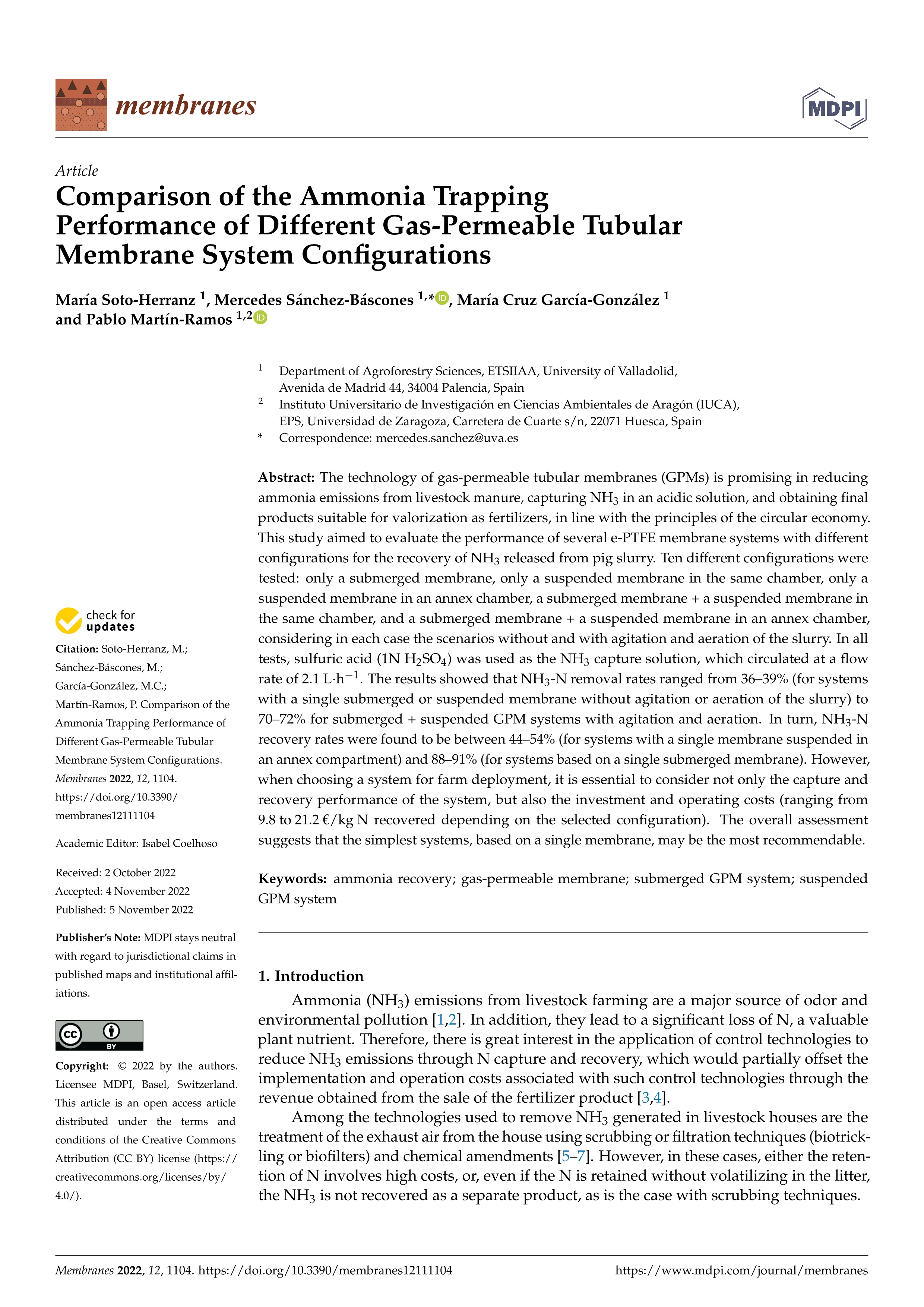 Comparison of the ammonia trapping performance of different gas-permeable tubular membrane system configurations