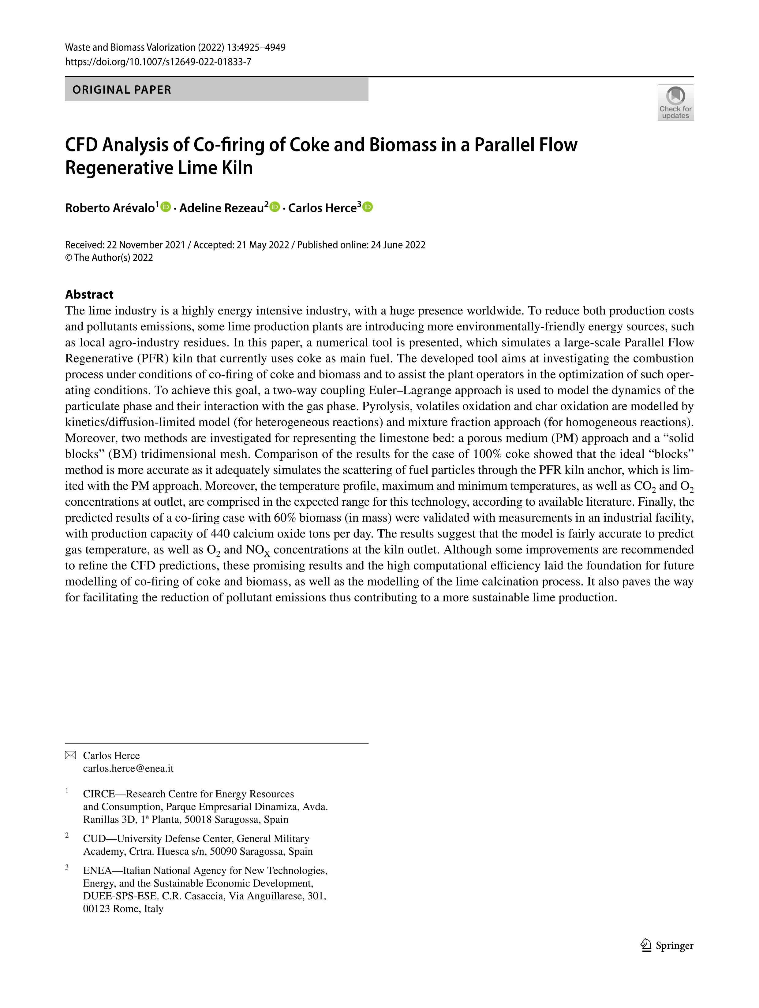 CFD analysis of co-firing of coke and biomass in a parallel flow regenerative lime kiln