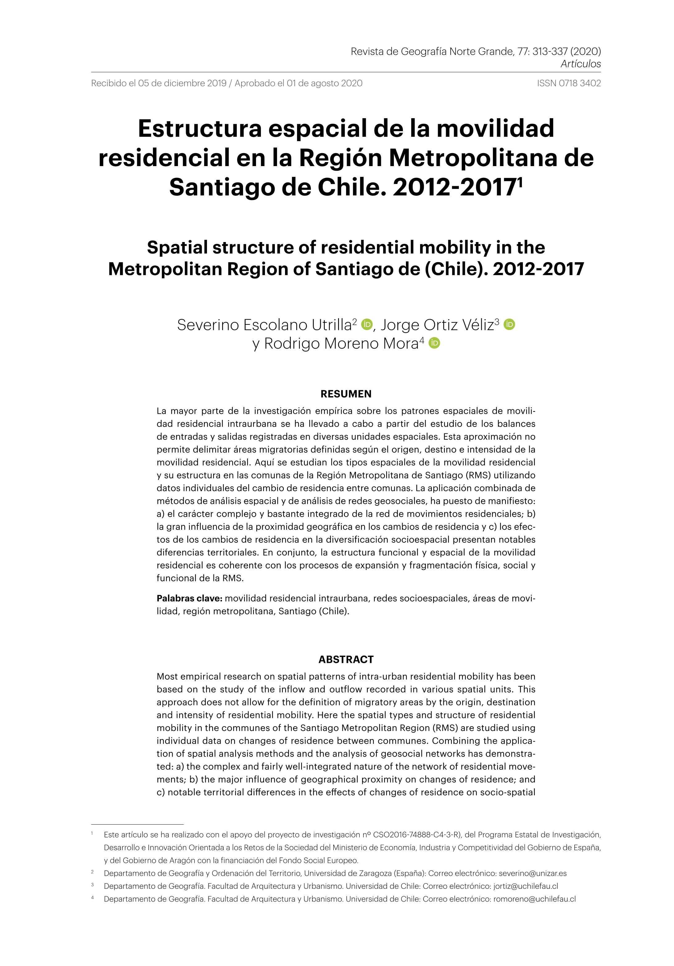 Estructura espacial de la movilidad residencial en la Región Metropolitana de Santiago de Chile. 2012-2017