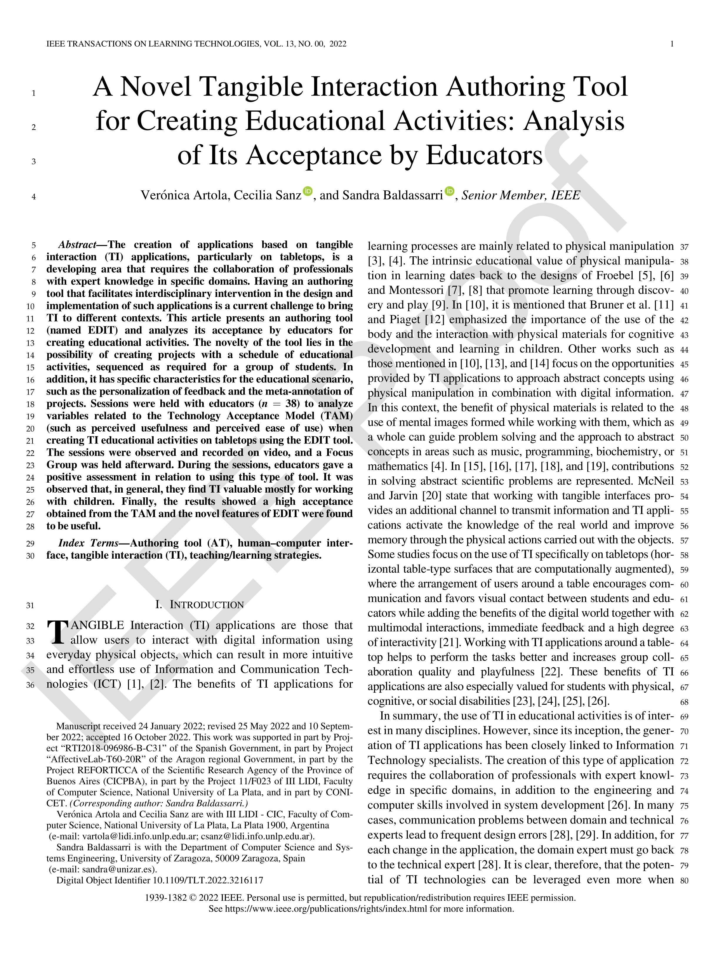 A novel tangible interaction authoring tool for creating educational activities: analysis of its acceptance by educators