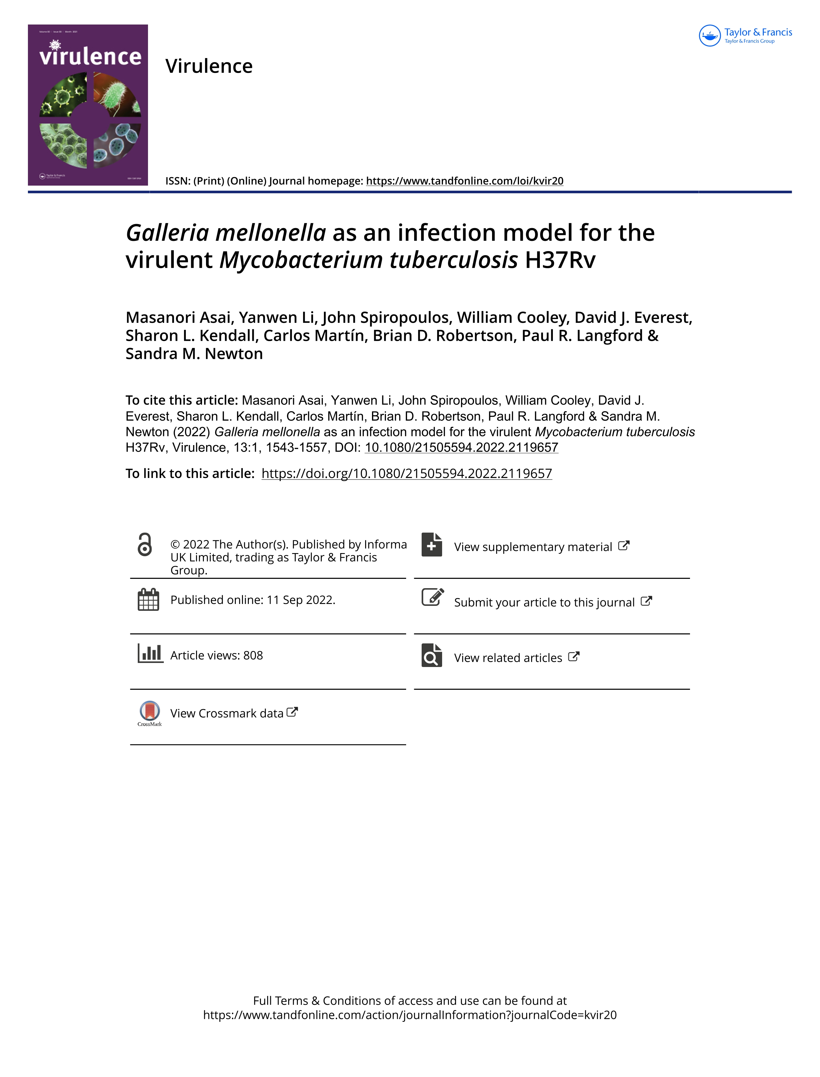 Galleria mellonella as an infection model for the virulent Mycobacterium tuberculosis H37Rv