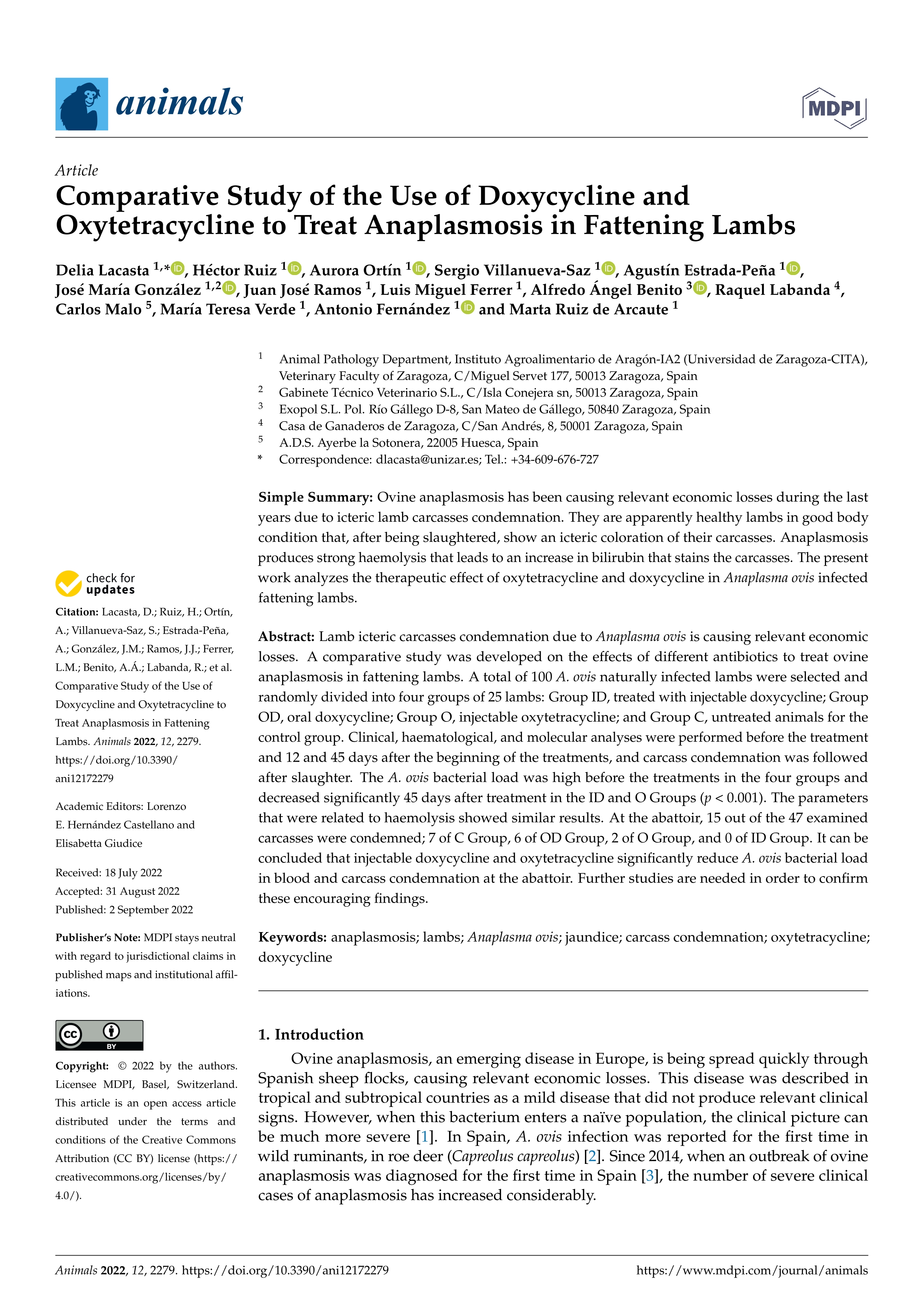 Comparative study of the use of Doxycycline and Oxytetracycline to treat Anaplasmosis in fattening lambss