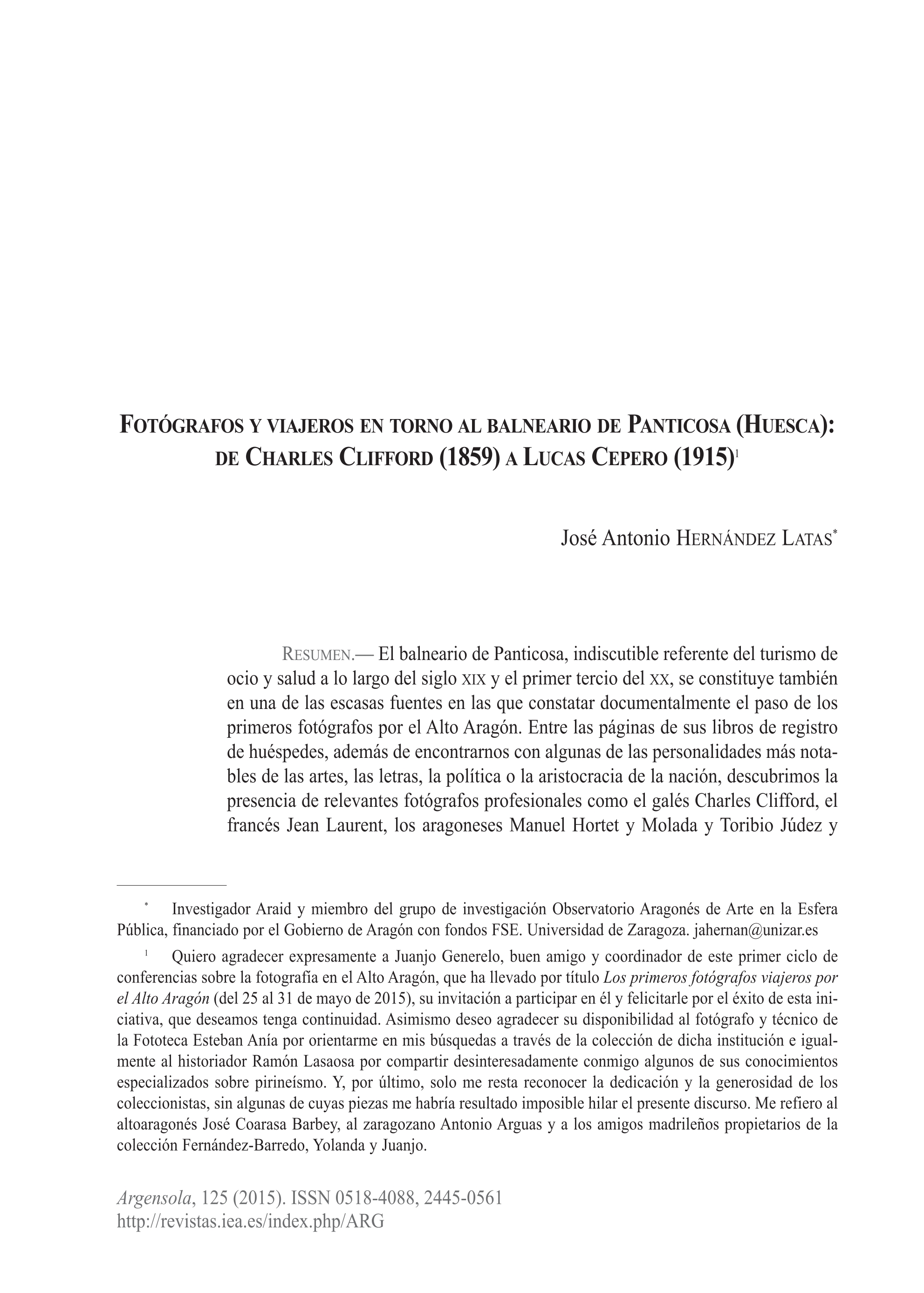 Fotógrafos y viajeros en torno al balneario de Panticosa (Huesca): de Charles Clifford (1859) a Lucas Cepero (1915)
