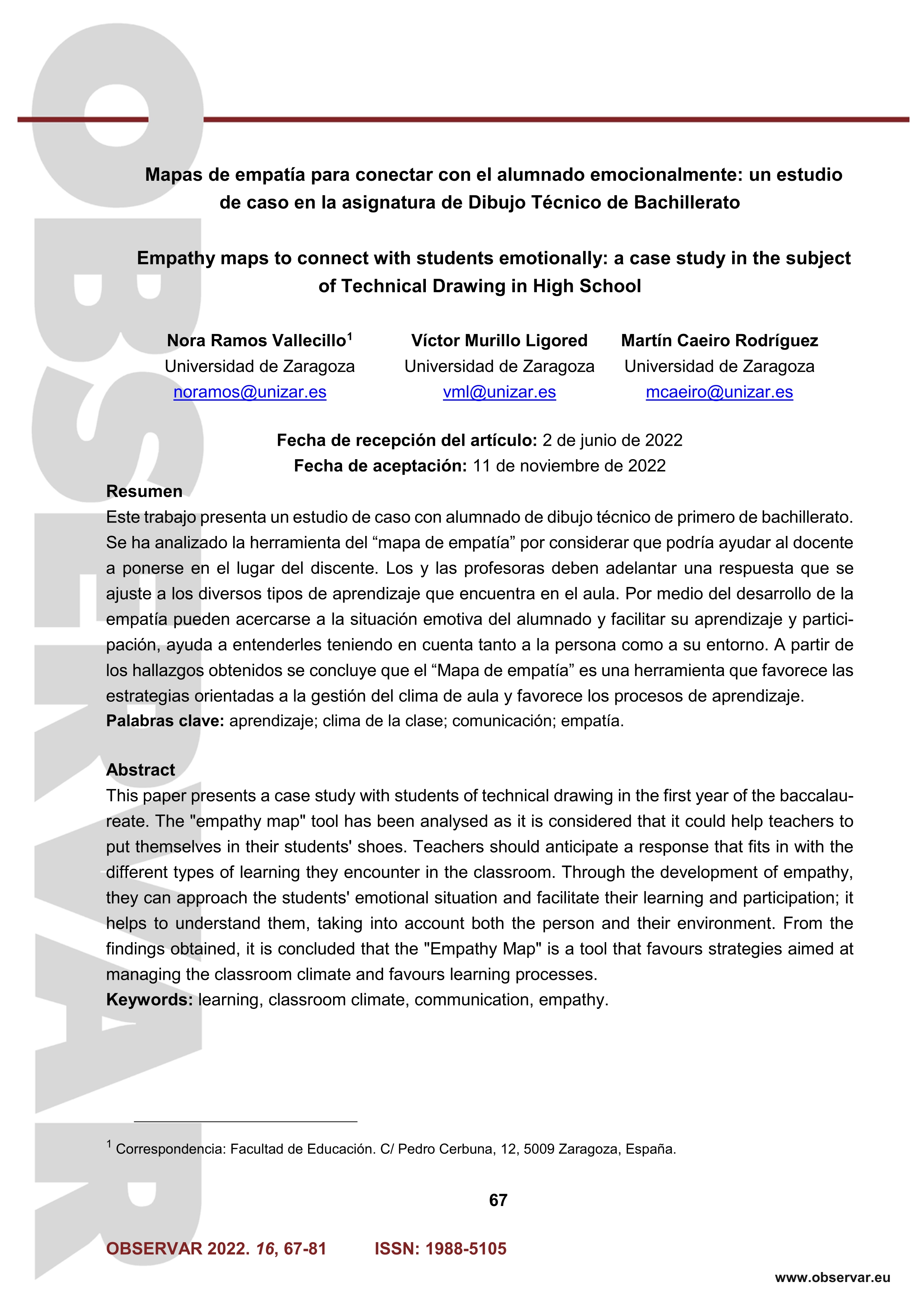 Mapas de empatía para conectar con el alumnado emocionalmente: un estudio de caso en la asignatura de Dibujo Técnico de Bachillerato
