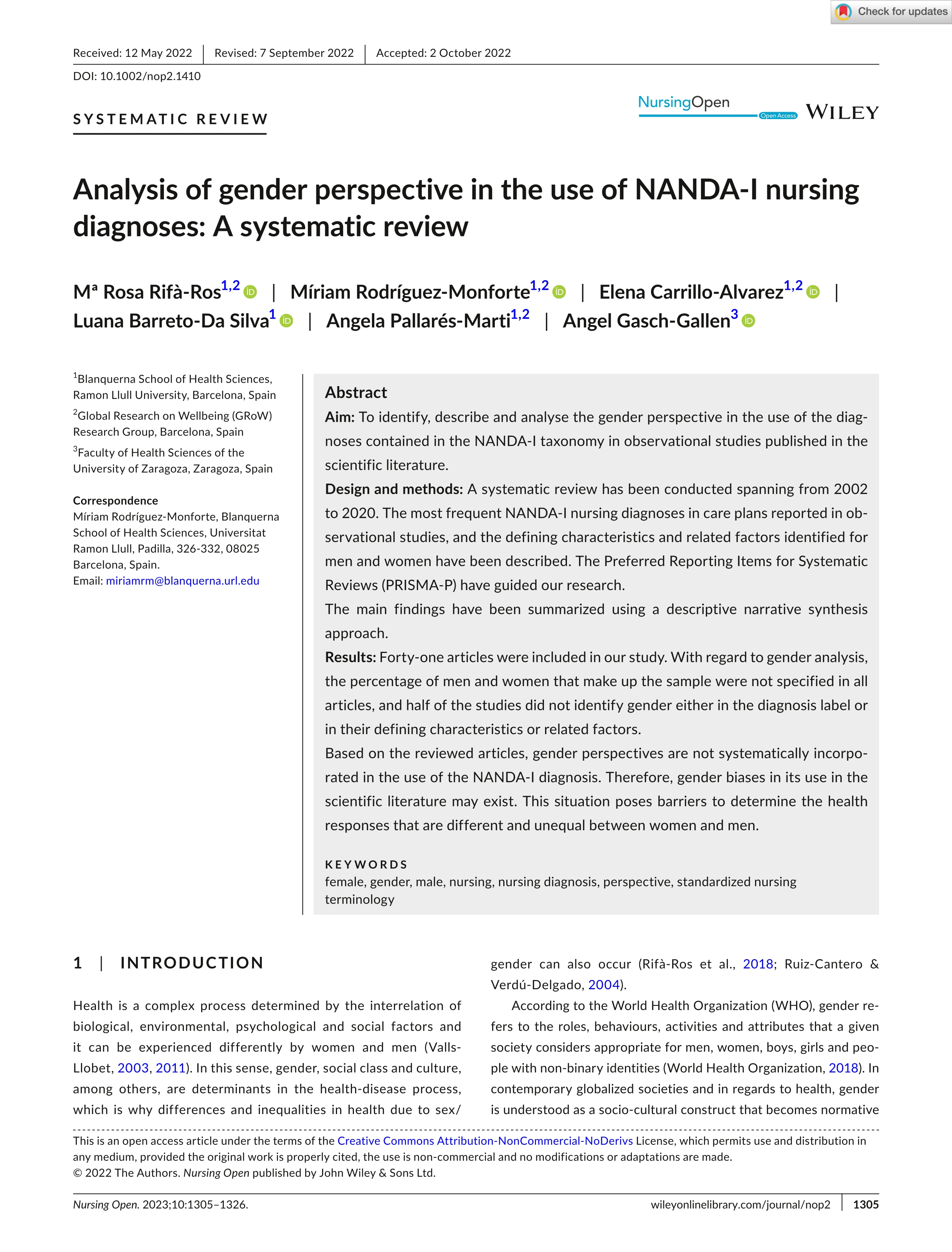 Analysis of gender perspective in the use of NANDA-I nursing diagnoses: A systematic review