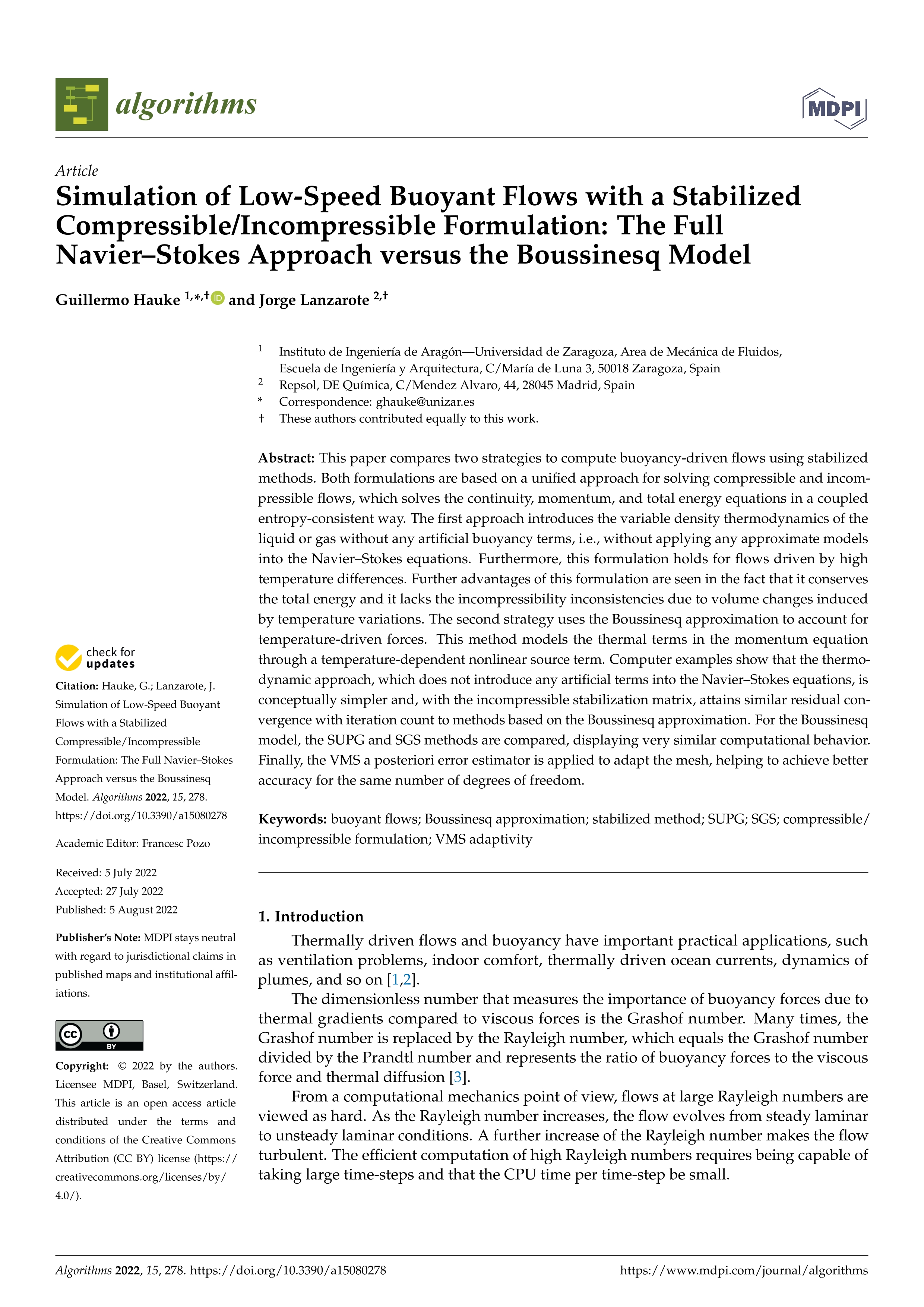 Simulation of low-speed buoyant flows with a stabilized compressible/incompressible formulation: the Full Navier–Stokes approach versus the Boussinesq model