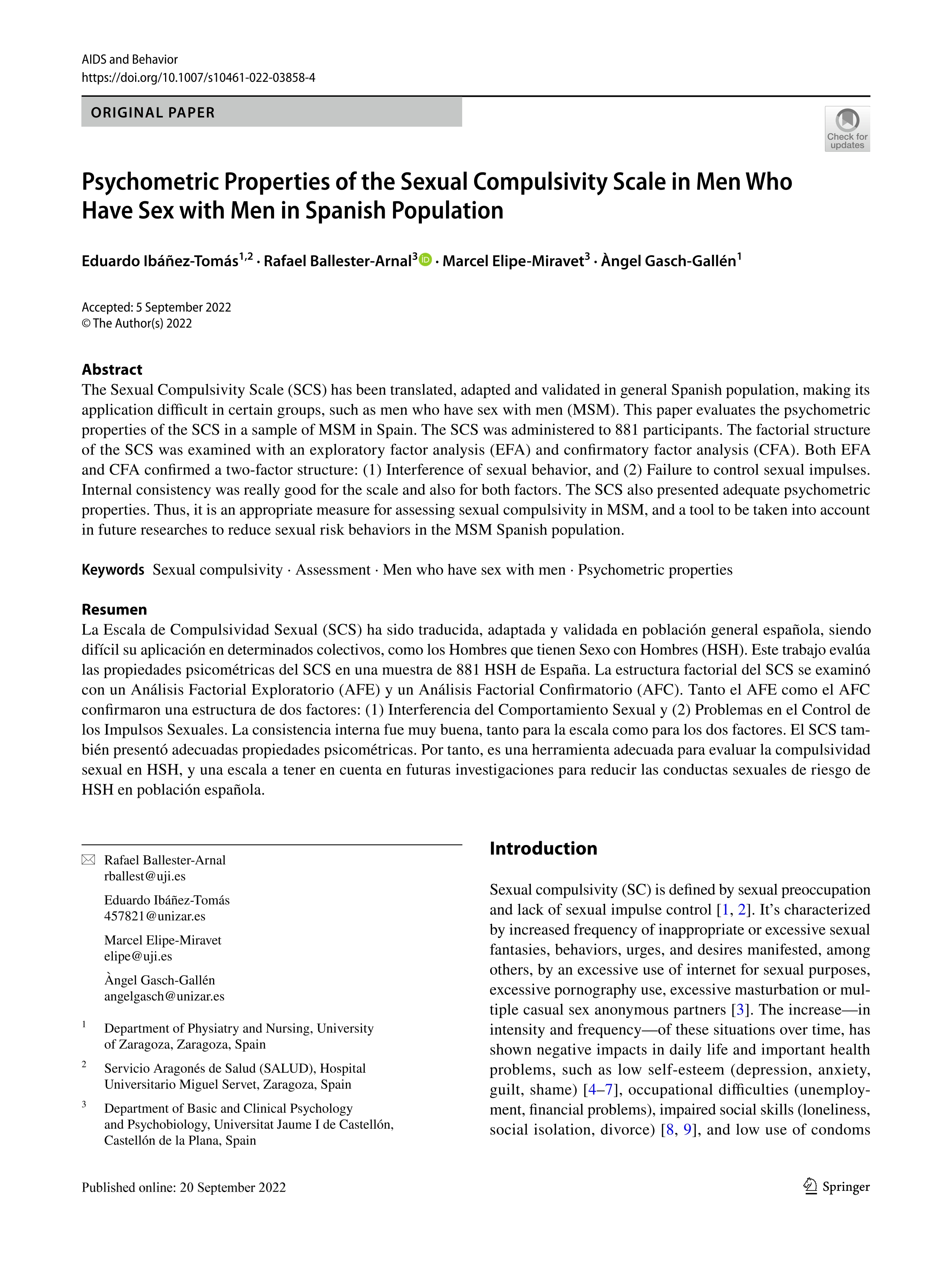 Psychometric properties of the sexual compulsivity scale in men who have sex with men in Spanish population