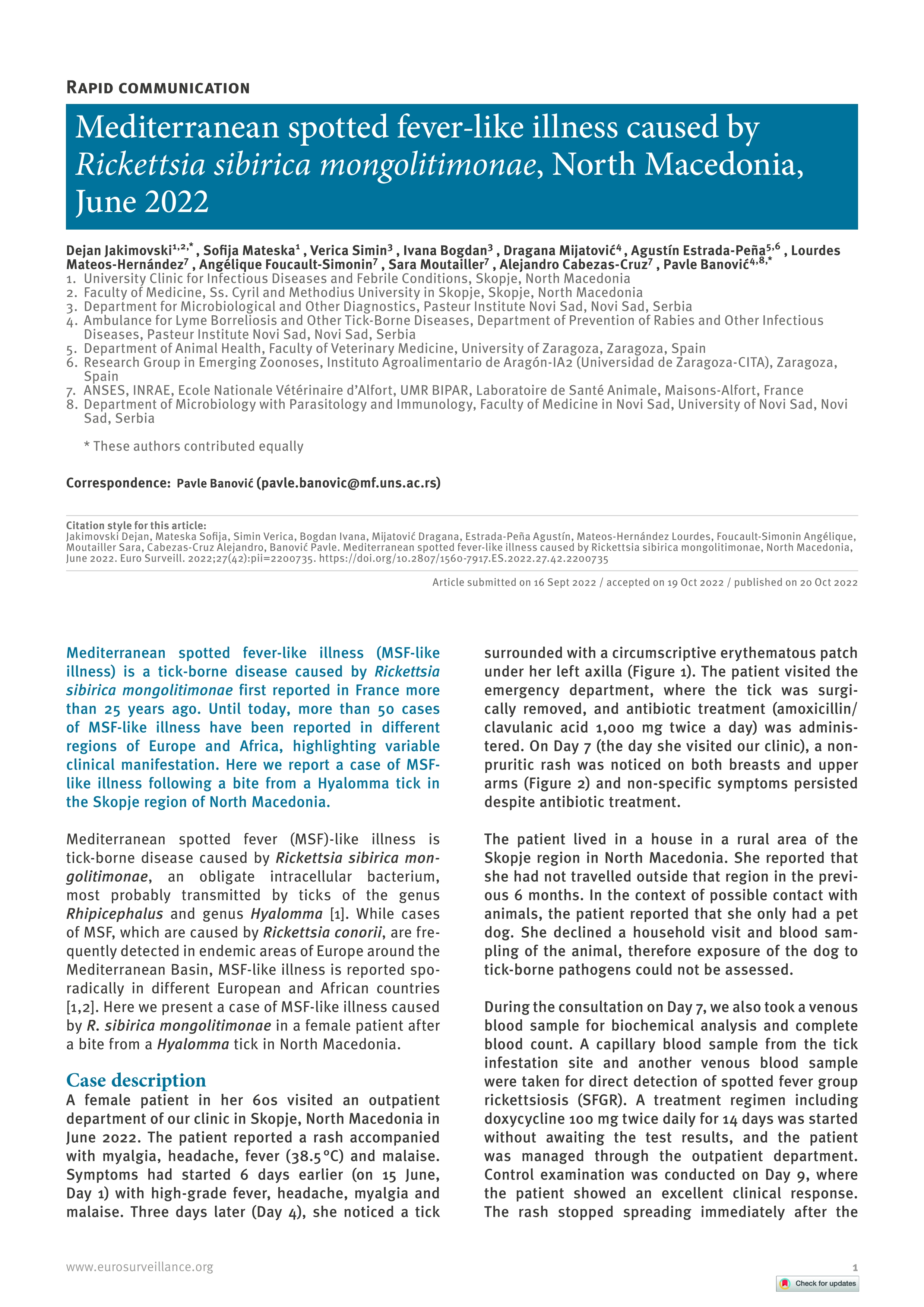 Mediterranean spotted fever-like illness caused by Rickettsia sibirica mongolitimonae, North Macedonia, June 2022