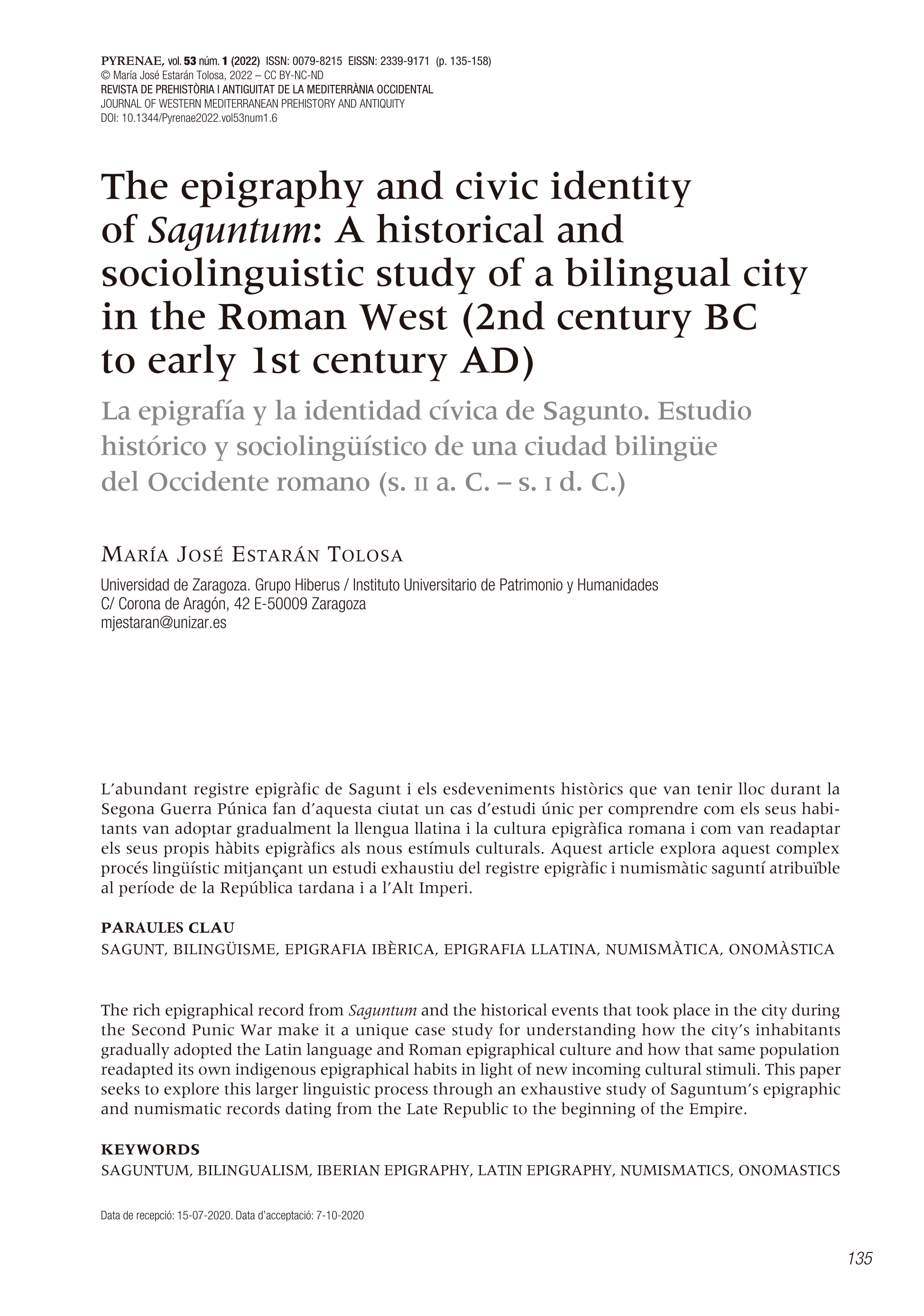 The epigraphy and civic identity of Saguntum: a historical and sociolinguistic study of a bilingual city in the roman west (2nd century bc to early 1st century ad)