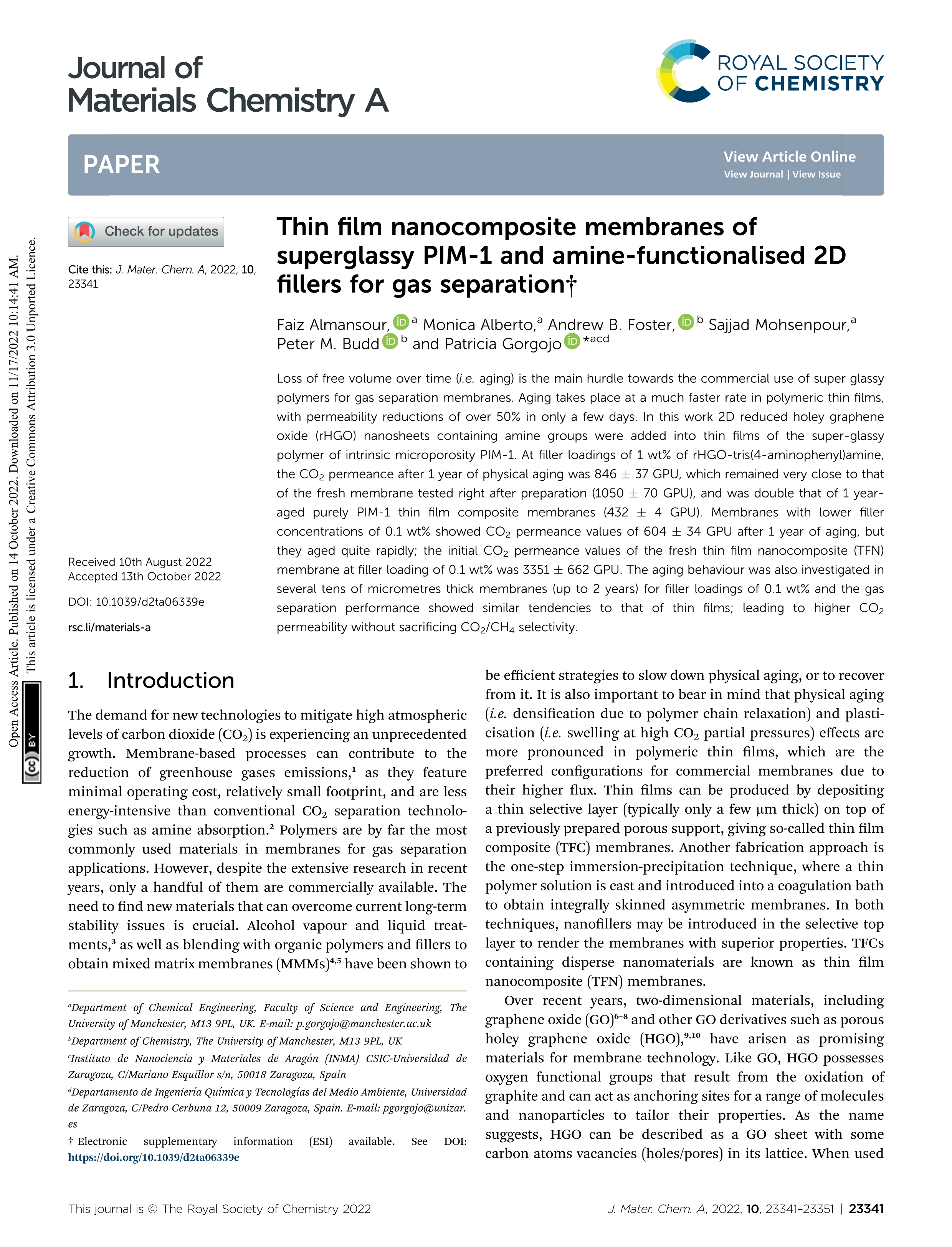 Thin film nanocomposite membranes of superglassy PIM-1 and amine-functionalised 2D fillers for gas separation