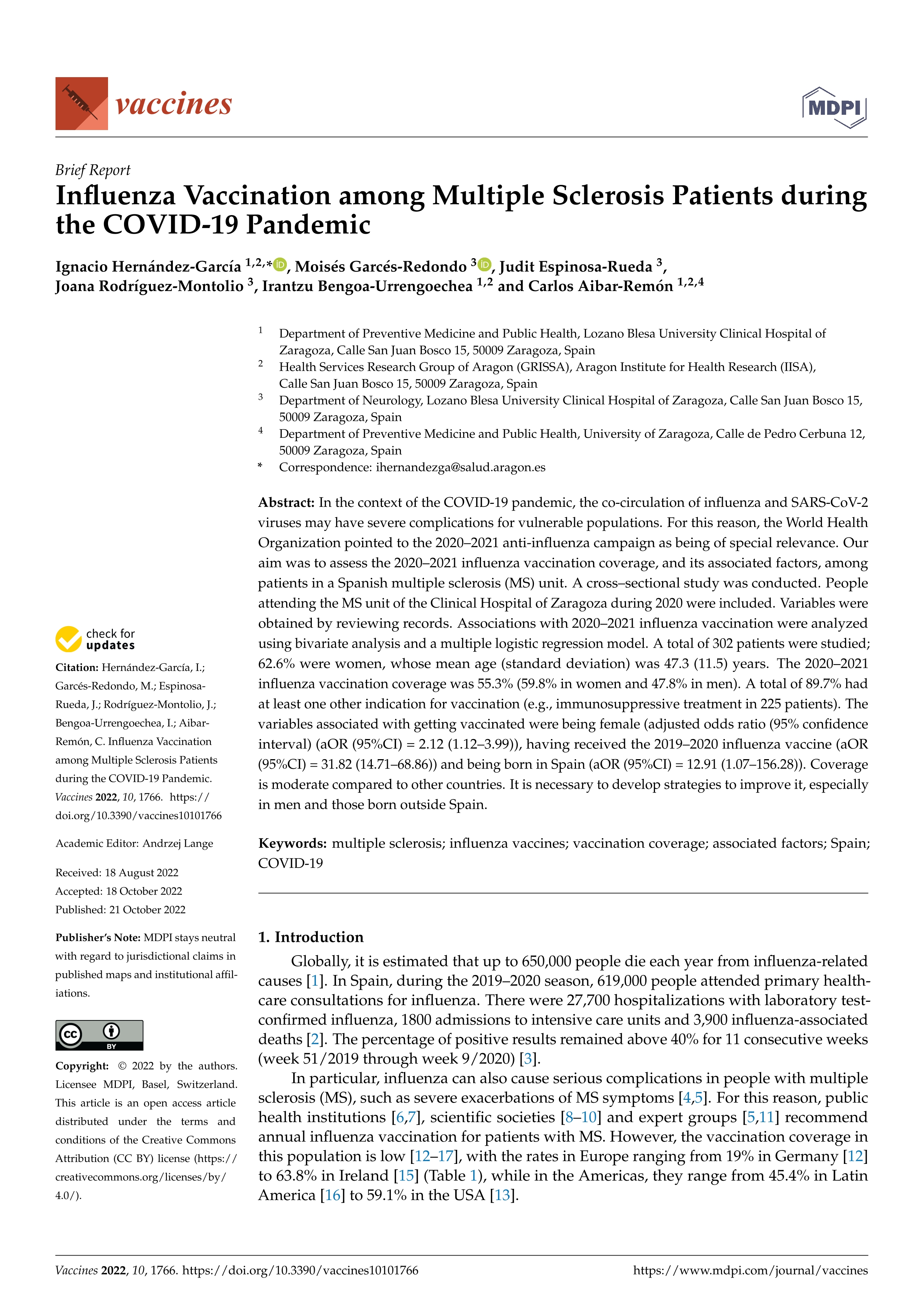 Influenza vaccination among multiple sclerosis patients during the COVID-19 pandemic