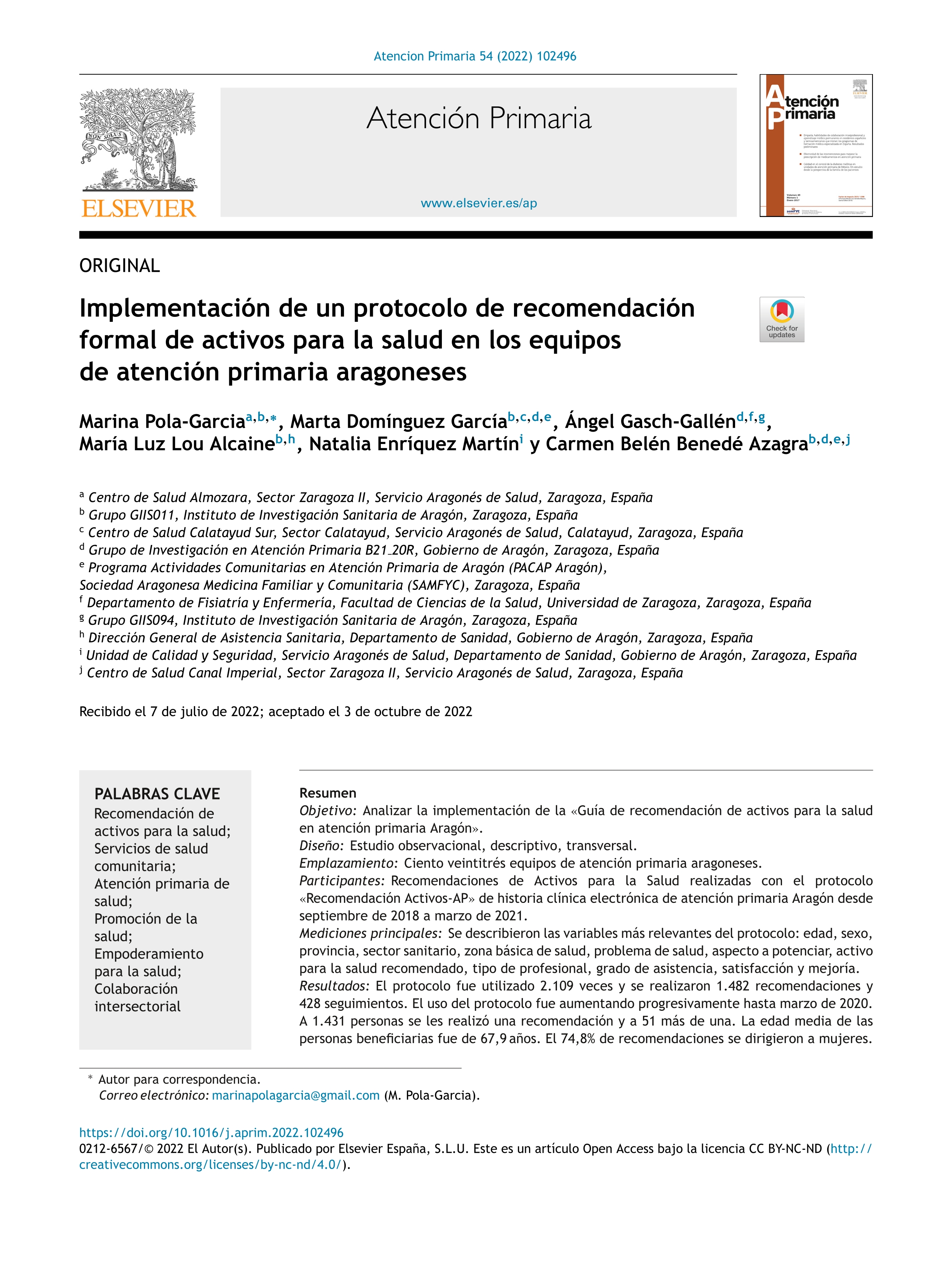 Implementación de un protocolo de recomendación formal de activos para la salud en los equipos de atención primaria aragoneses