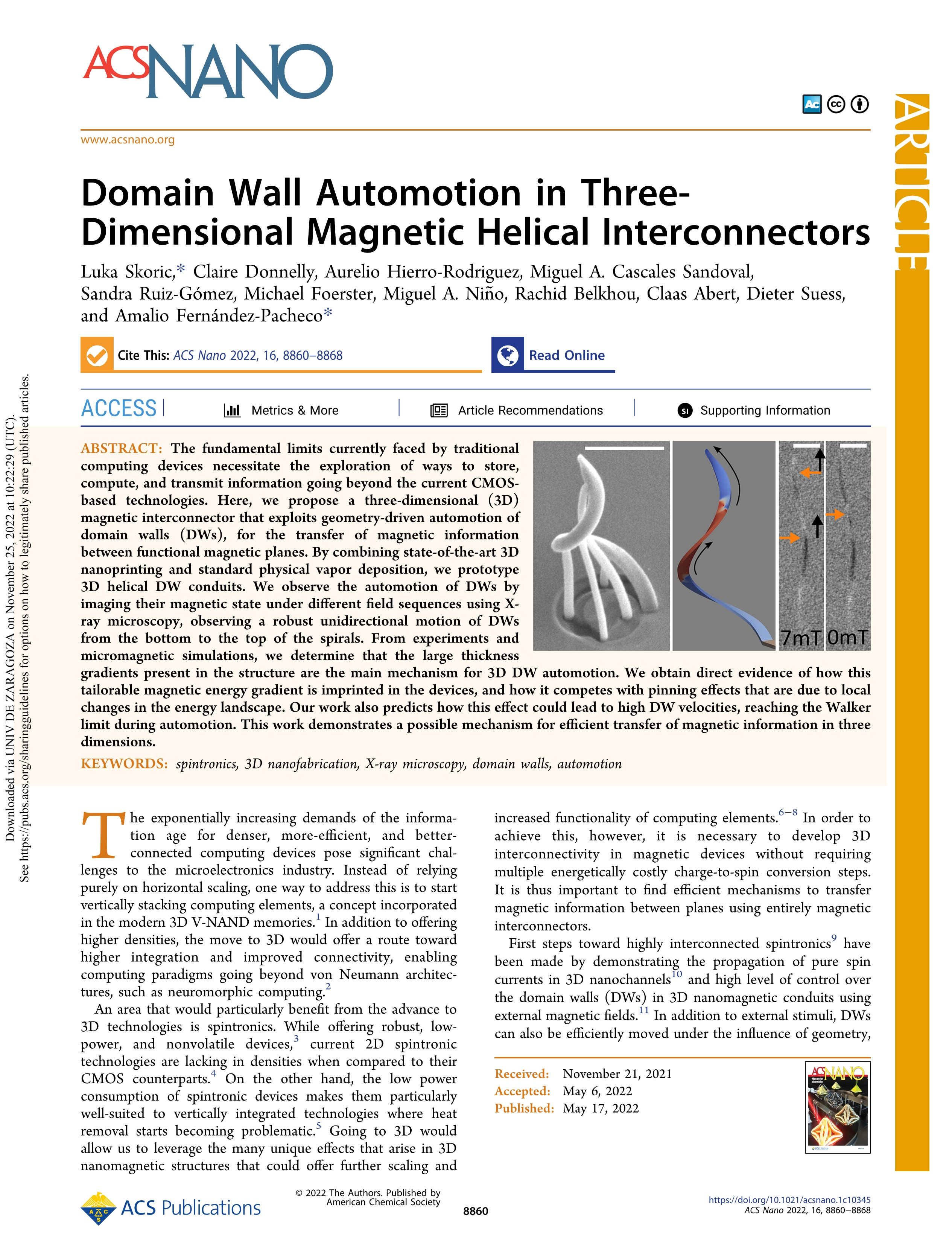 Domain Wall Automotion in Three-Dimensional Magnetic Helical Interconnectors