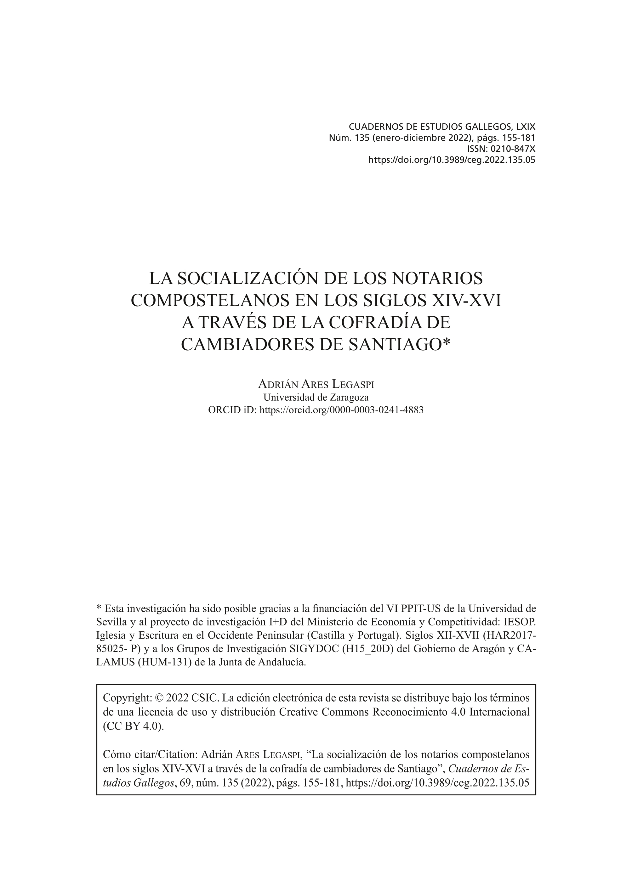 La socialización de los notarios compostelanos en los siglos XIV-XVI a través de la cofradía de cambiadores de Santiago