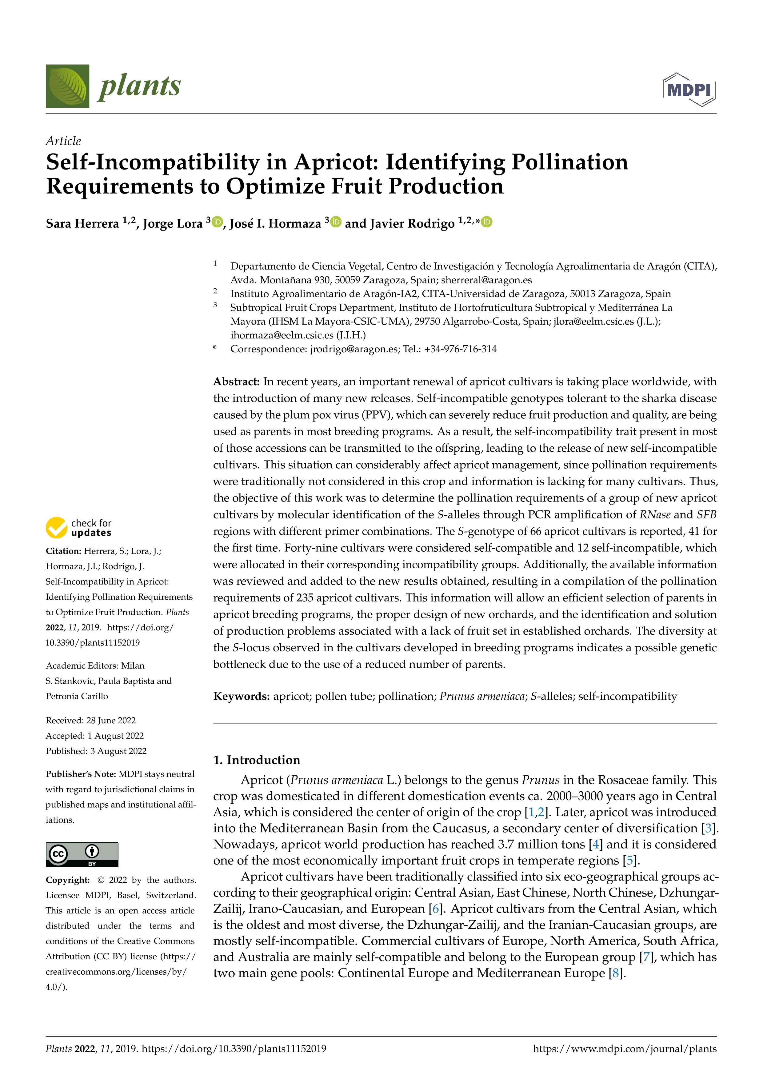 Self-incompatibility in apricot: identifying pollination requirements to optimize fruit production