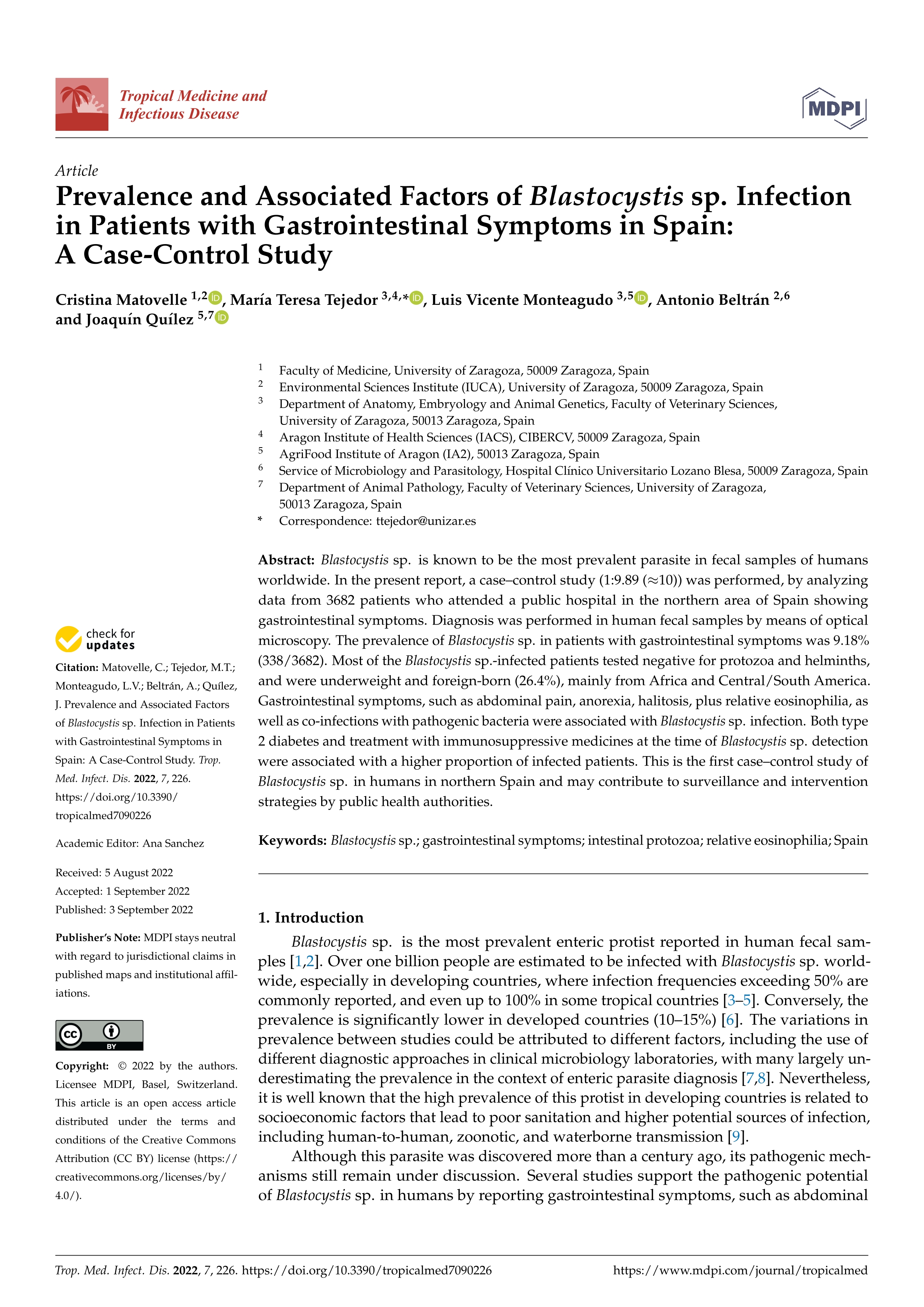 Prevalence and Associated Factors of Blastocystis sp. Infection in Patients with Gastrointestinal Symptoms in Spain: A Case-Control Study