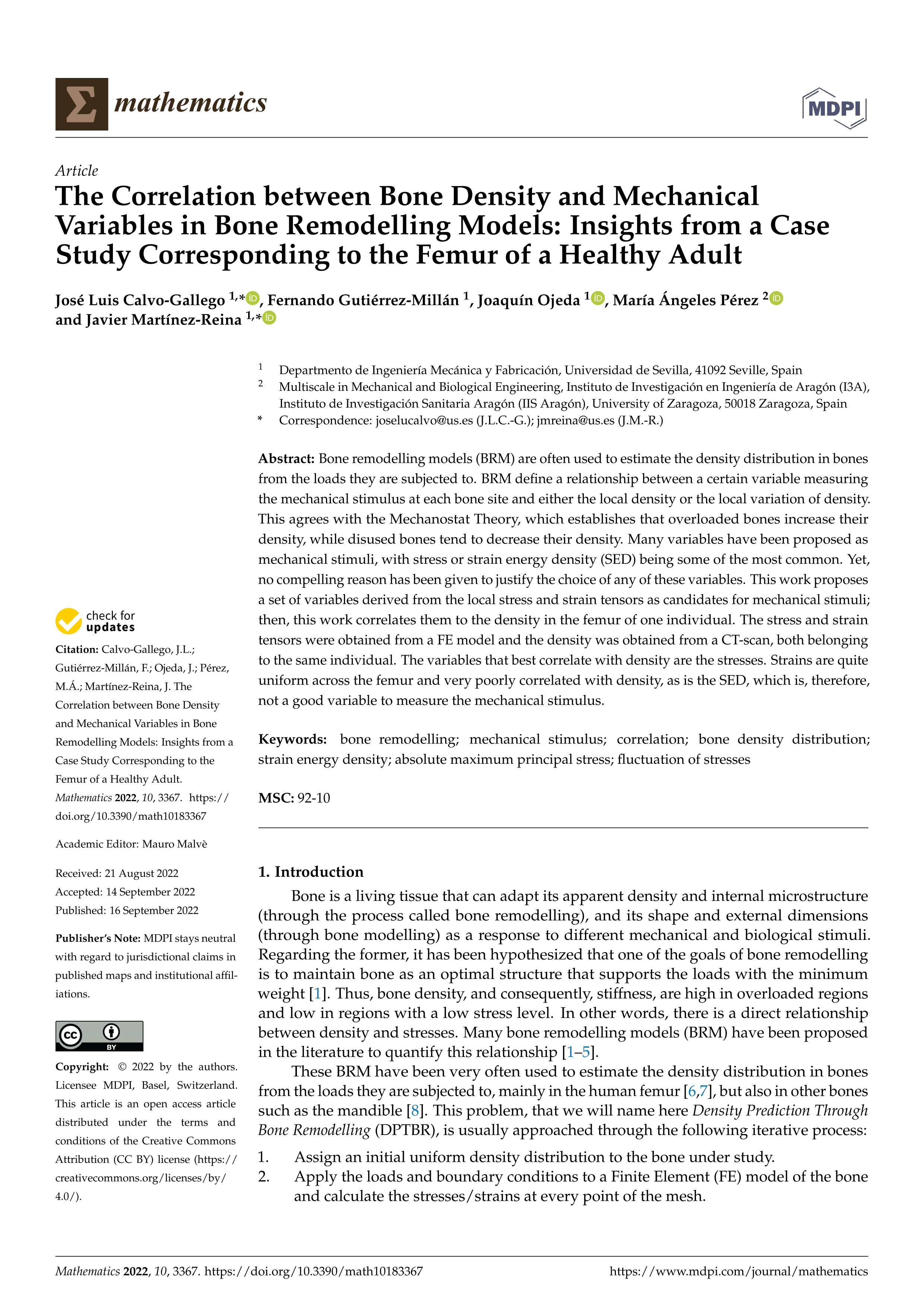 The Correlation between Bone Density and Mechanical Variables in Bone Remodelling Models: Insights from a Case Study Corresponding to the Femur of a Healthy Adult