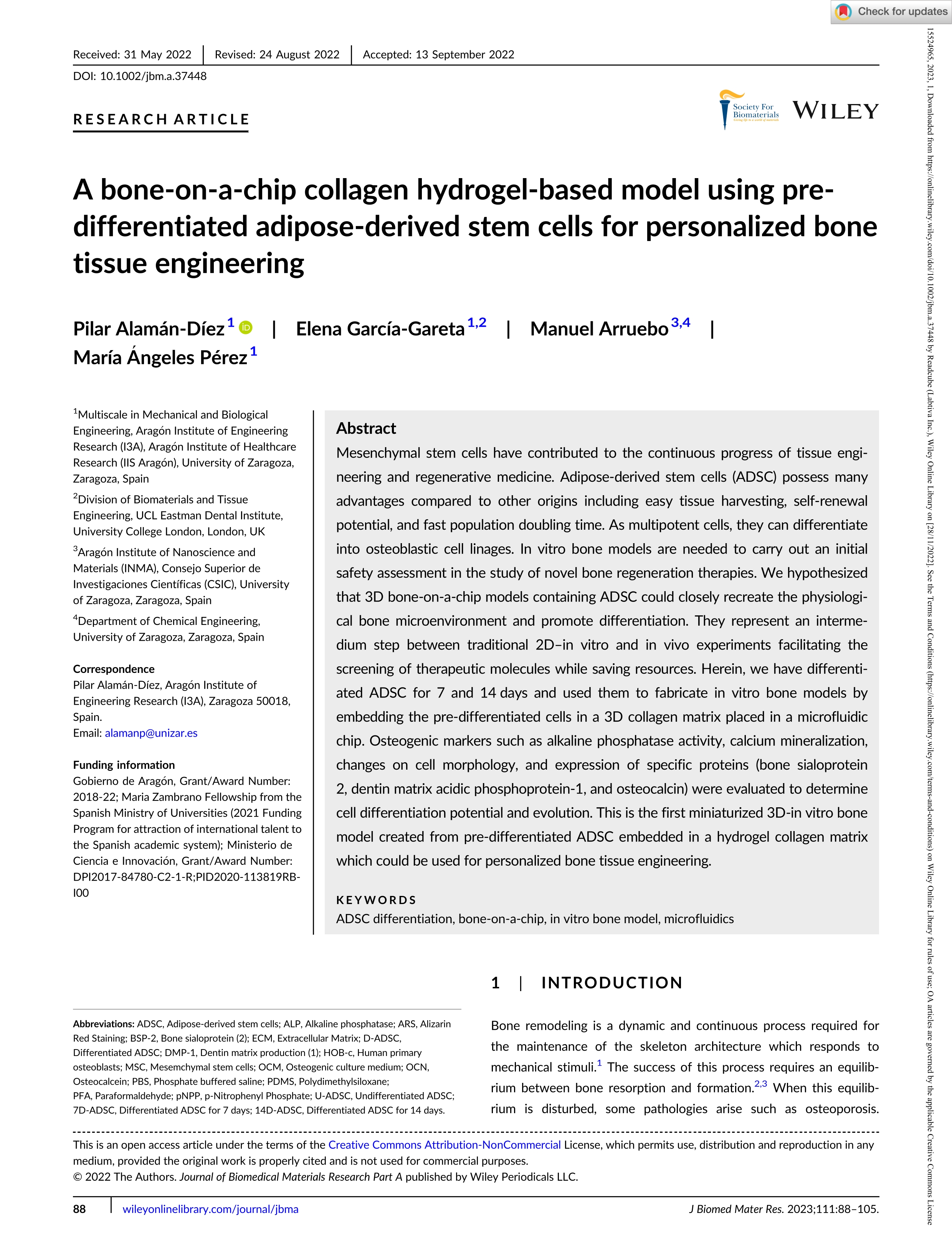 A bone-on-a-chip collagen hydrogel-based model using pre-differentiated adipose-derived stem cells for personalized bone tissue engineering