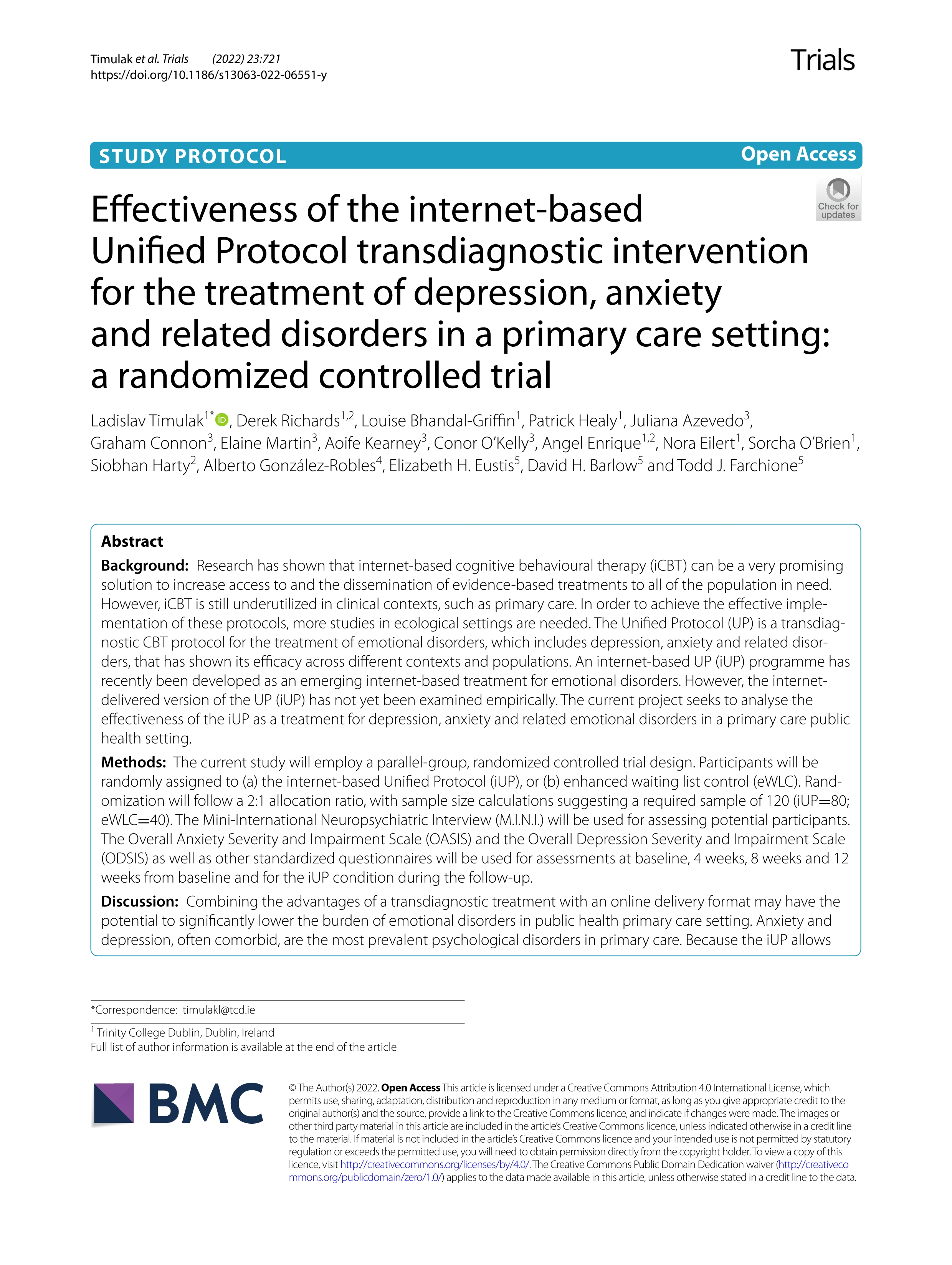Effectiveness of the internet-based Unified Protocol transdiagnostic intervention for the treatment of depression, anxiety and related disorders in a primary care setting: a randomized controlled trial