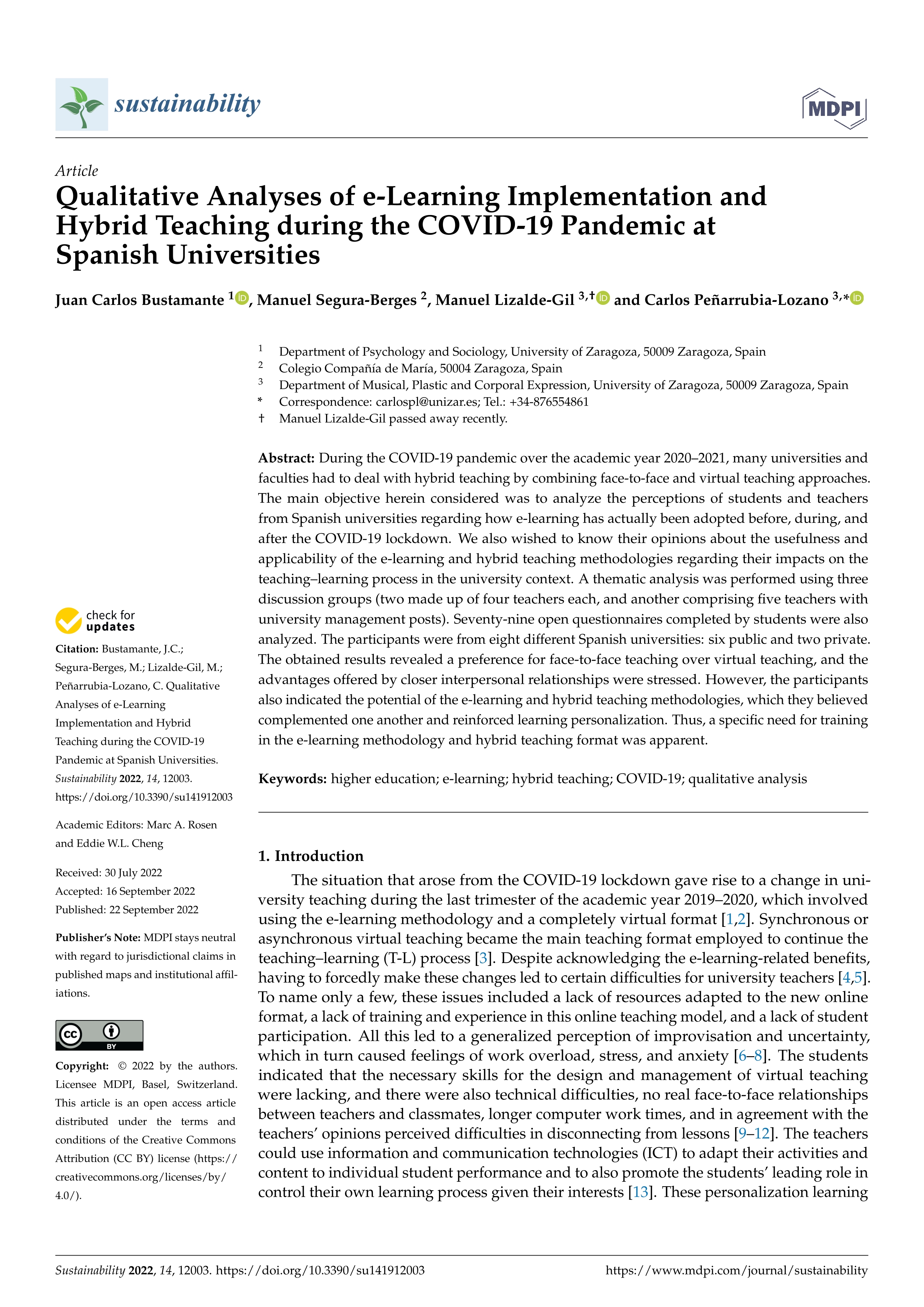 Qualitative analyses of e-learning implementation and hybrid teaching during the covid-19 pandemic at Spanish universities