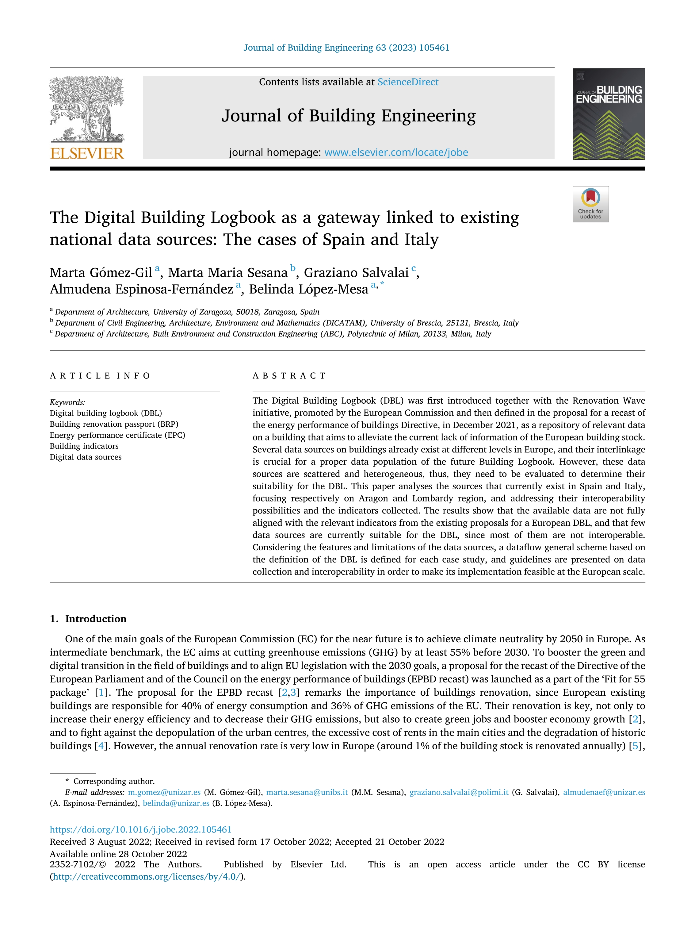 The digital building logbook as a gateway linked to existing national data sources: The cases of Spain and Italy