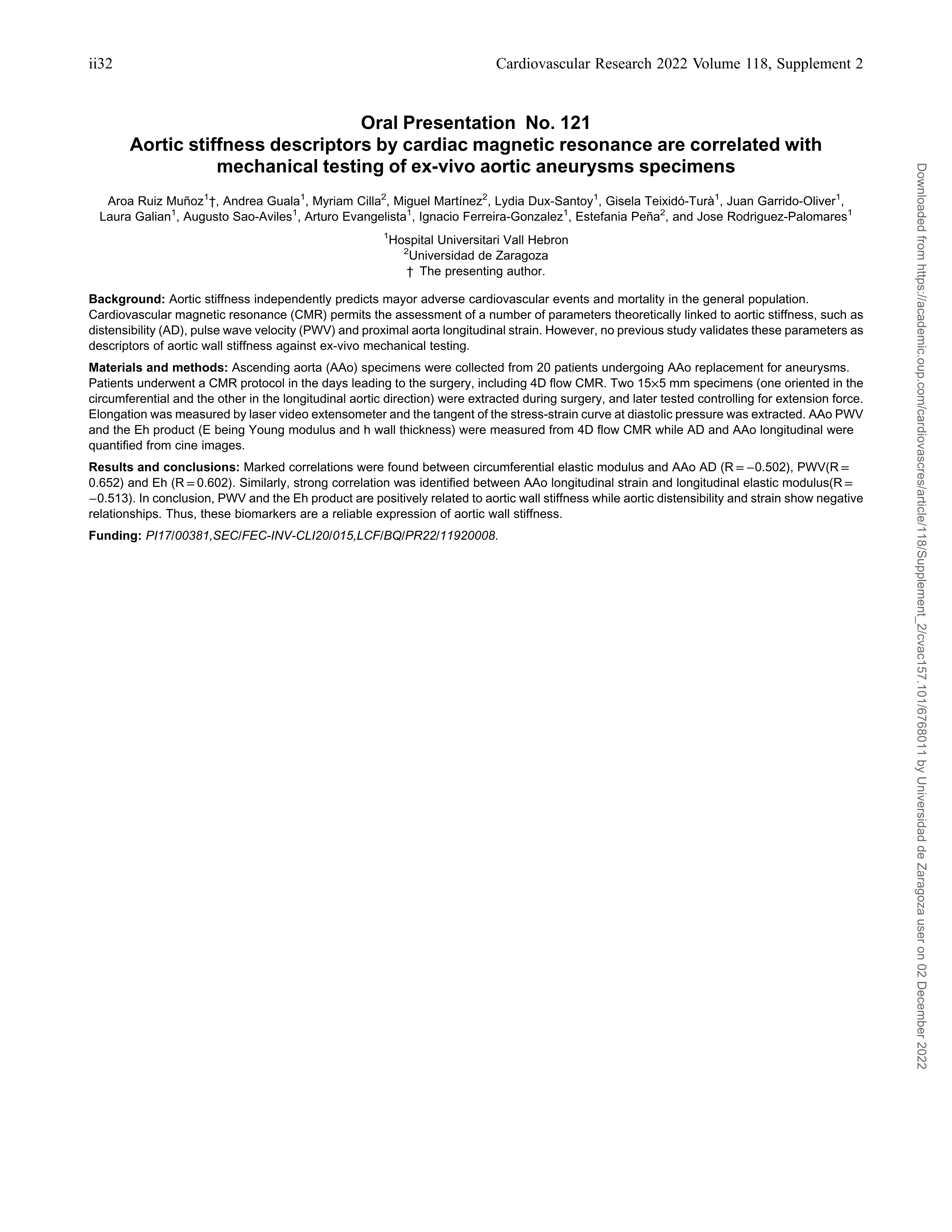 Oral Presentation No. 121. Aortic stiffness descriptors by cardiac magnetic resonance are correlated with mechanical testing of ex-vivo aortic aneurysms specimens