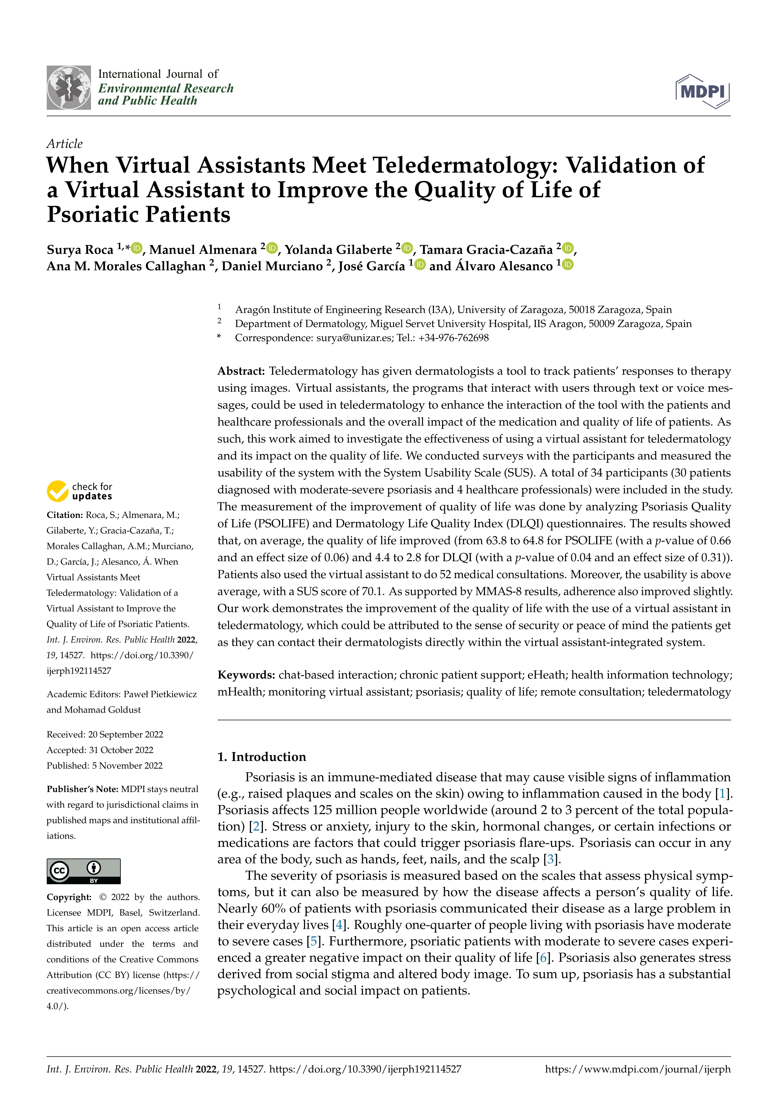 When Virtual Assistants Meet Teledermatology: Validation of a Virtual Assistant to Improve the Quality of Life of Psoriatic Patients