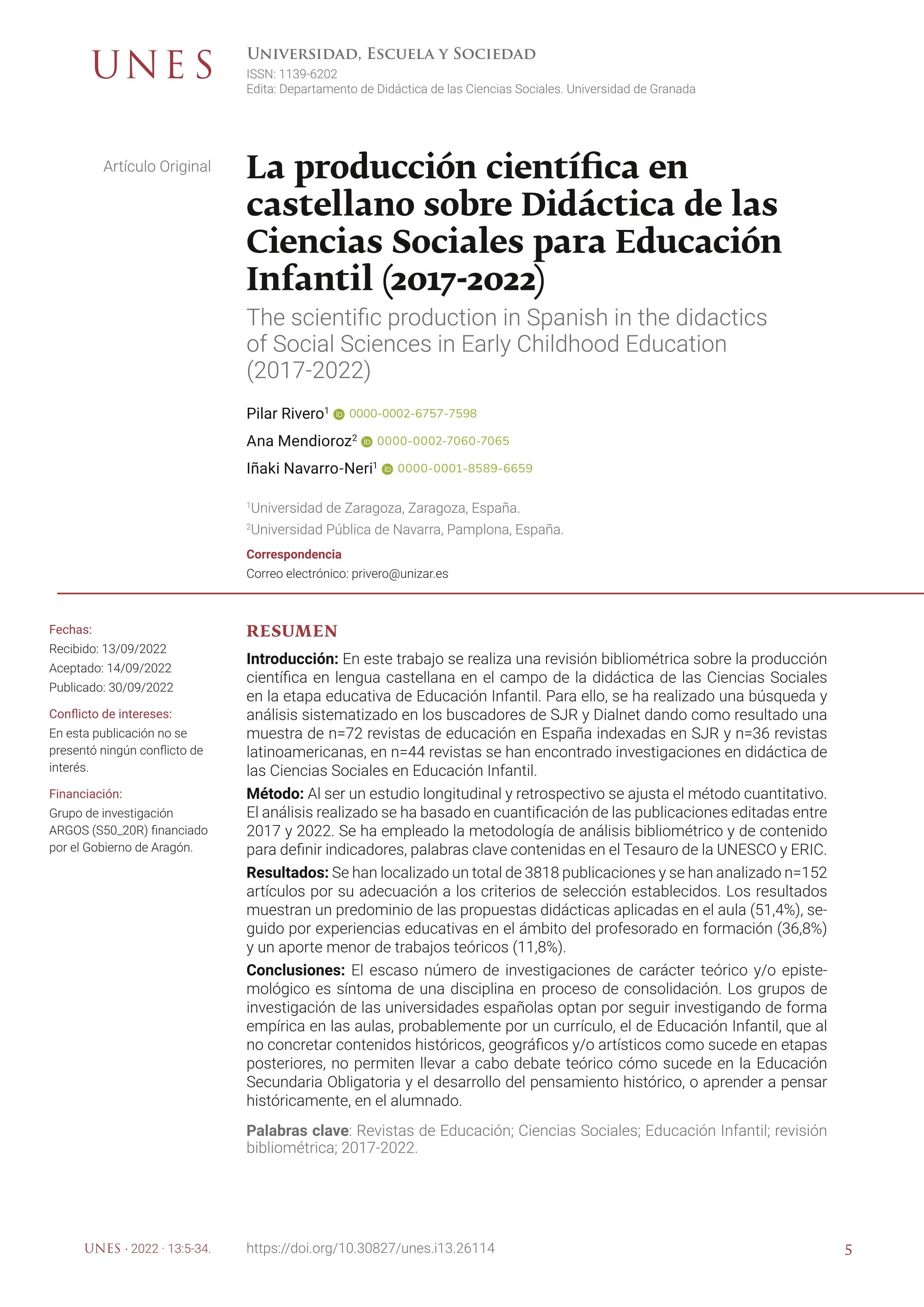 La producción científica en castellano en didáctica de las ciencias sociales en educación infantil (2017-2022)