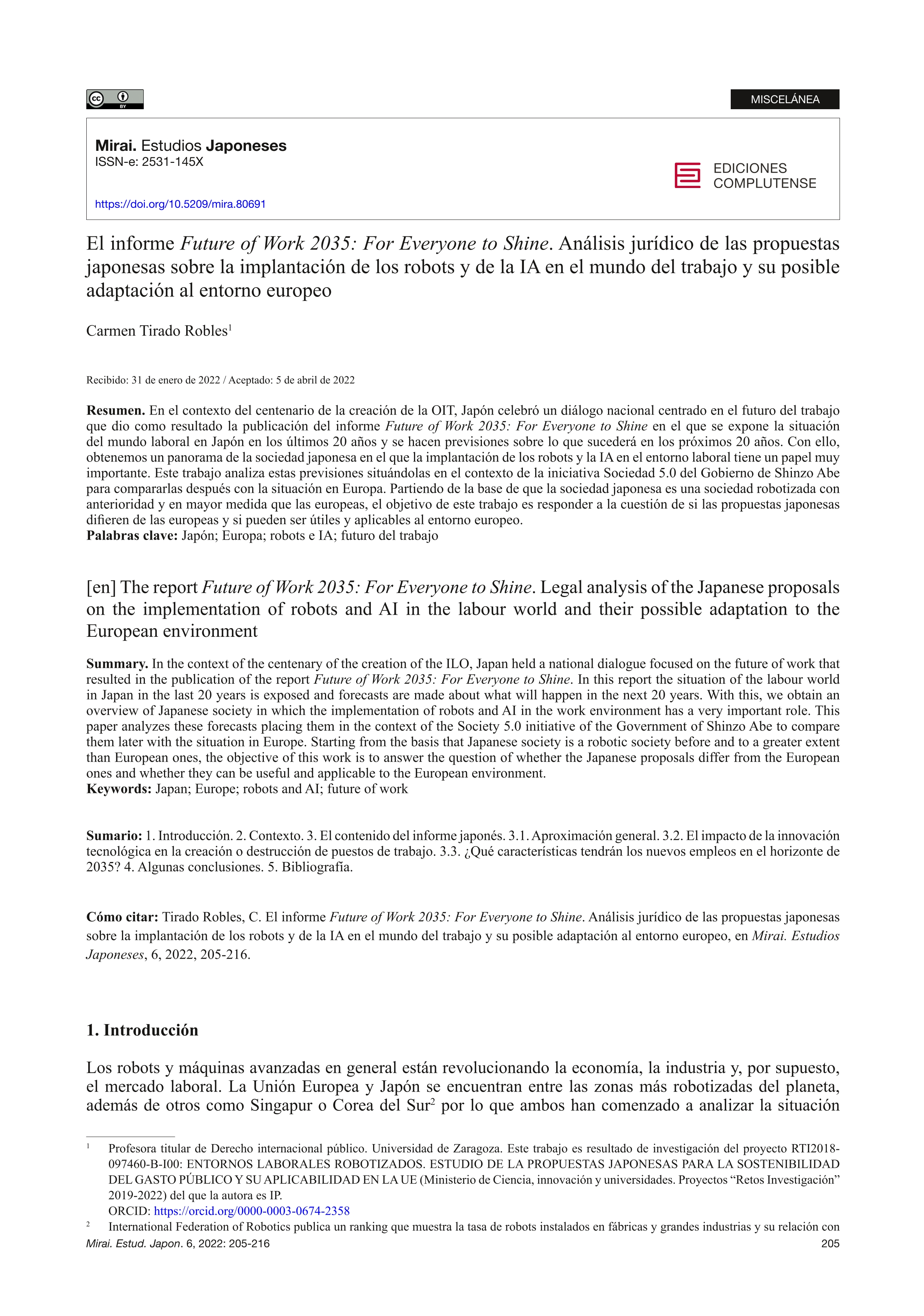 El informe Future of Work 2035: for everyone to shine. Análisis jurídico de las propuestas japonesas sobre la implantación de los robots y de la IA en el mundo del trabajo y su posible adaptación al entorno europeo