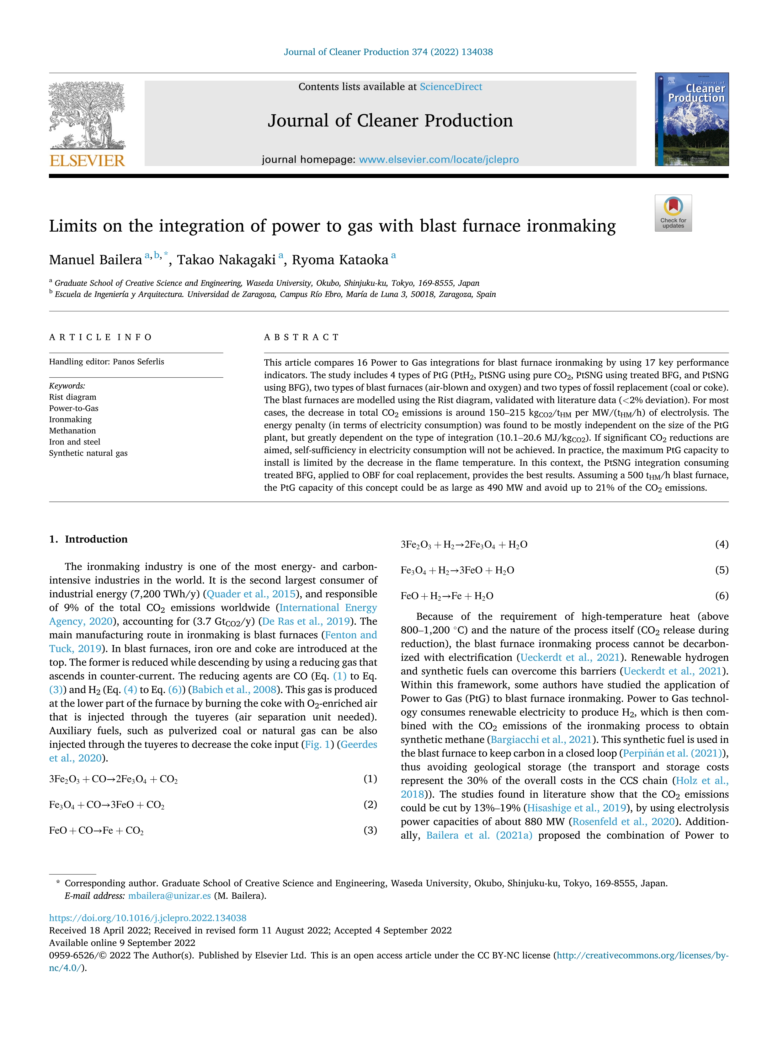 Limits on the integration of power to gas with blast furnace ironmaking