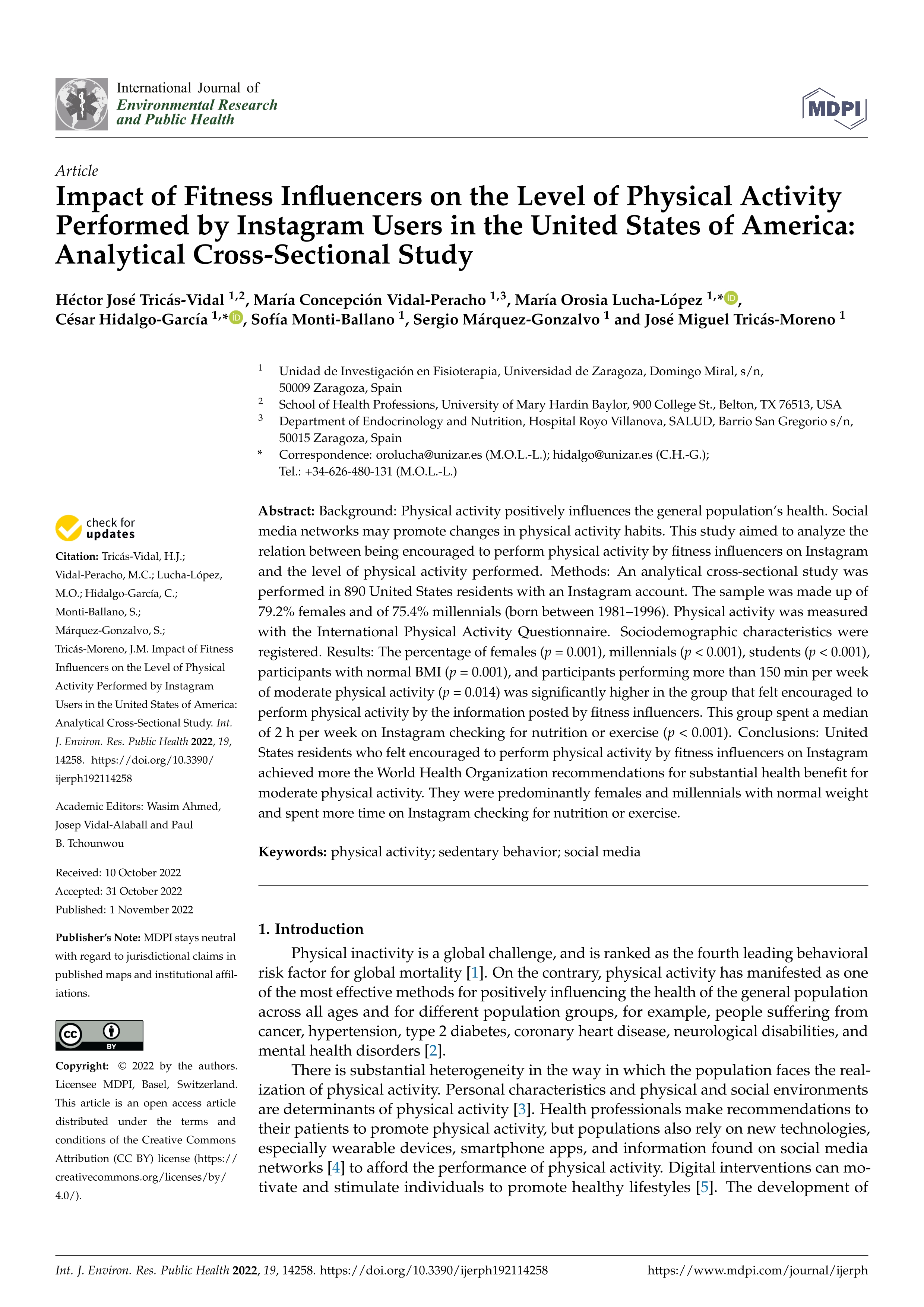 Impact of fitness influencers on the level of physical activity performed by Instagram users in the United States of America: analytical cross-sectional study