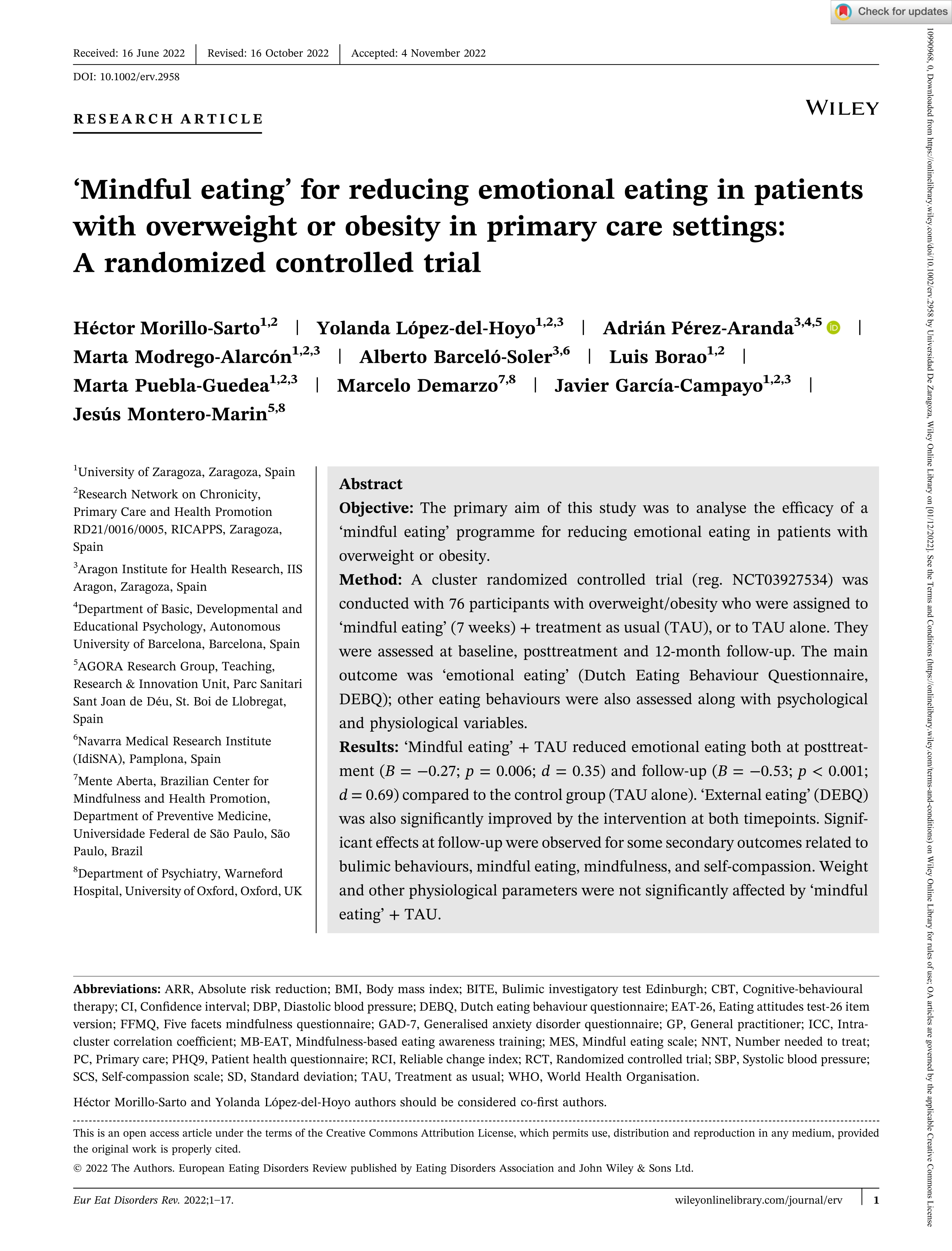 ‘Mindful eating’ for reducing emotional eating in patients with overweight or obesity in primary care settings: A randomized controlled trial