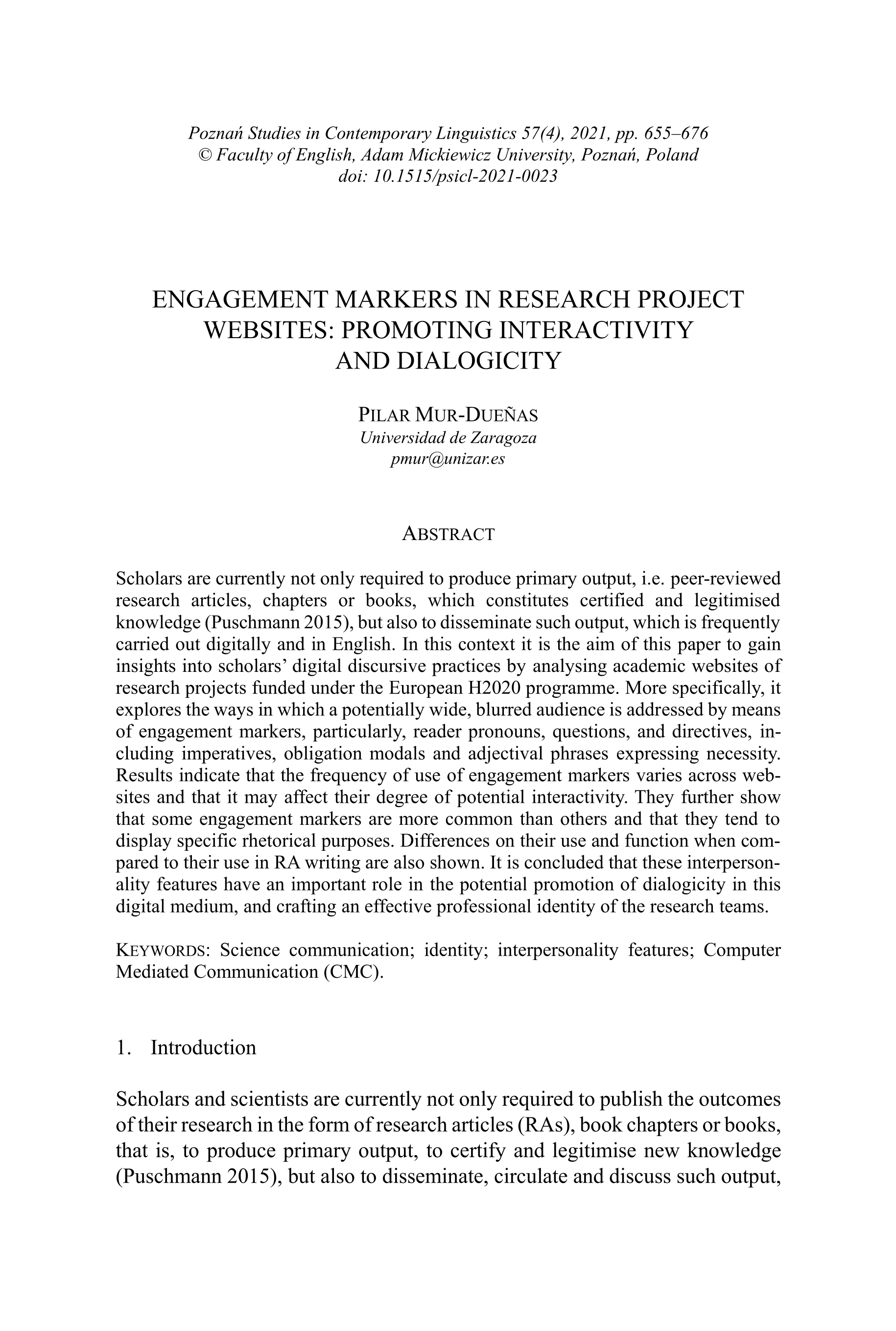 Engagement markers in research project websites: Promoting interactivity and dialogicity