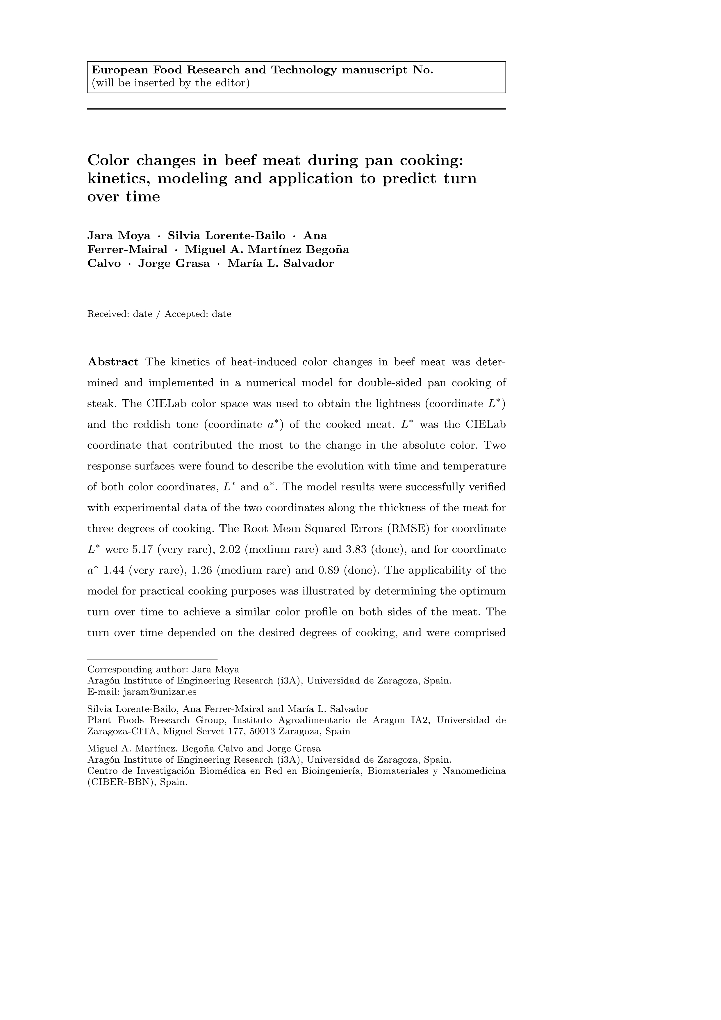 Color changes in beef meat during pan cooking: kinetics, modeling and application to predict turn over time