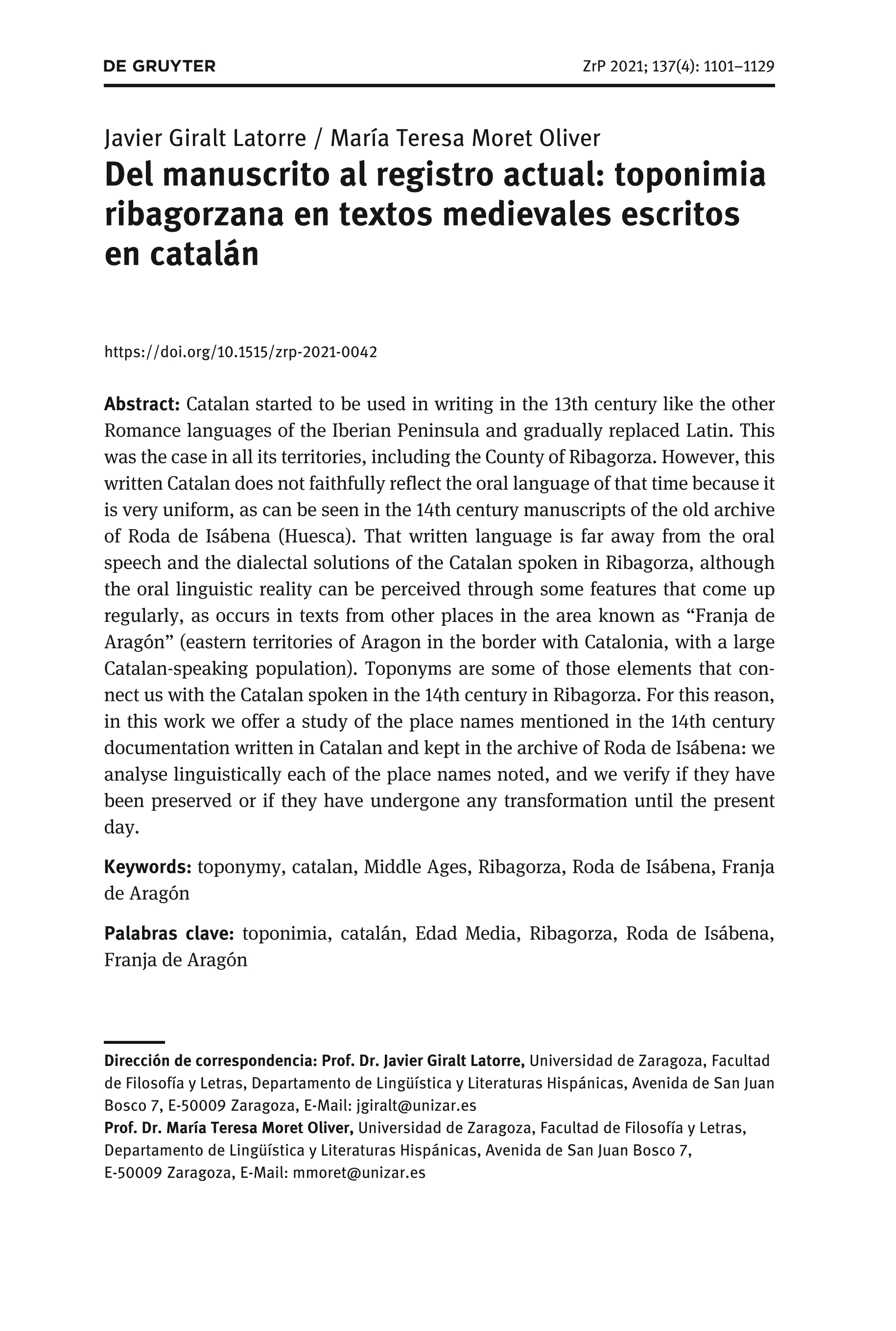 Del manuscrito al registro actual: toponimia ribagorzana en textos medievales escritos en catalán